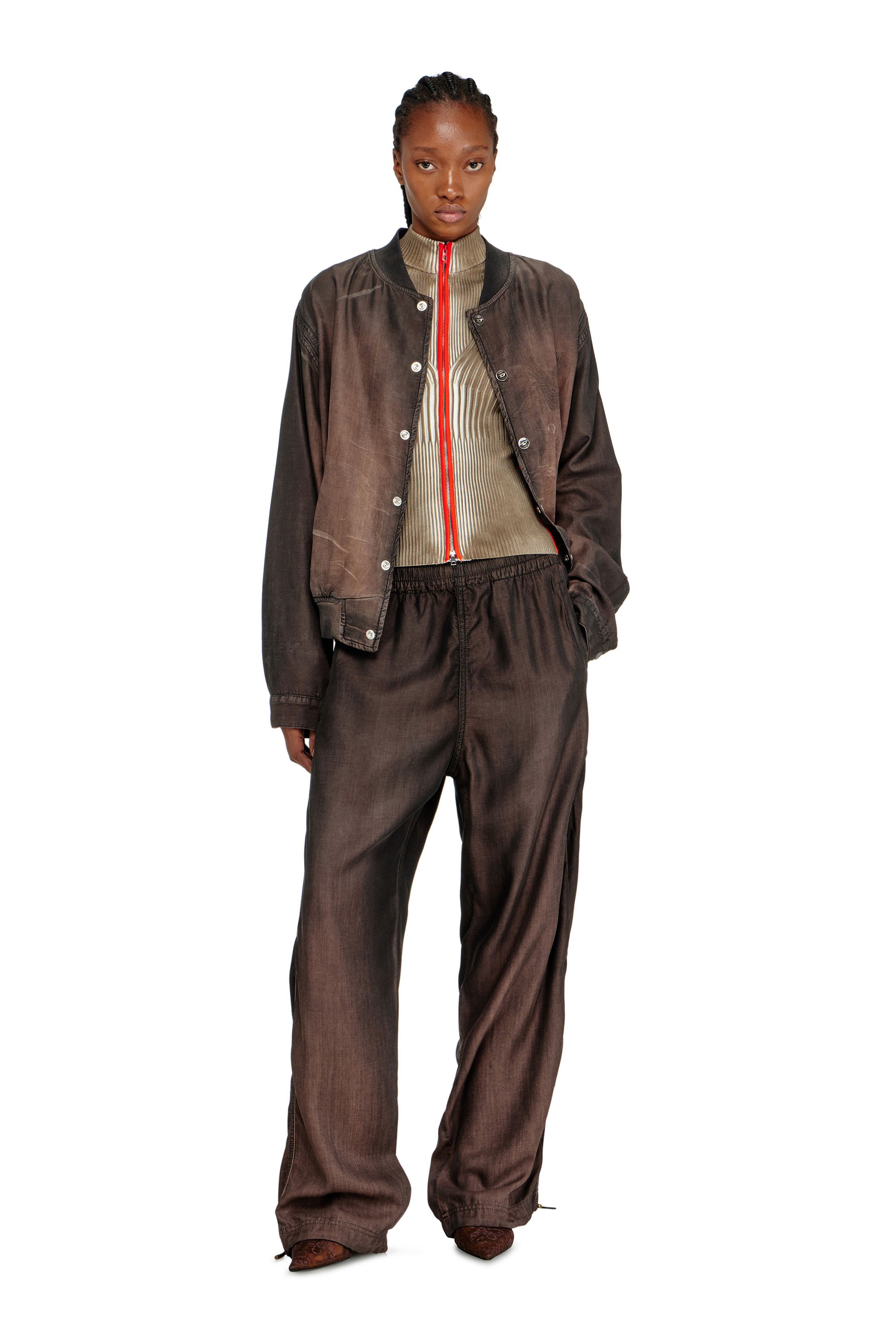 Diesel - M-SARMA, Woman's Ribbed zip cardigan with contrast bands in Red/Brown - 1