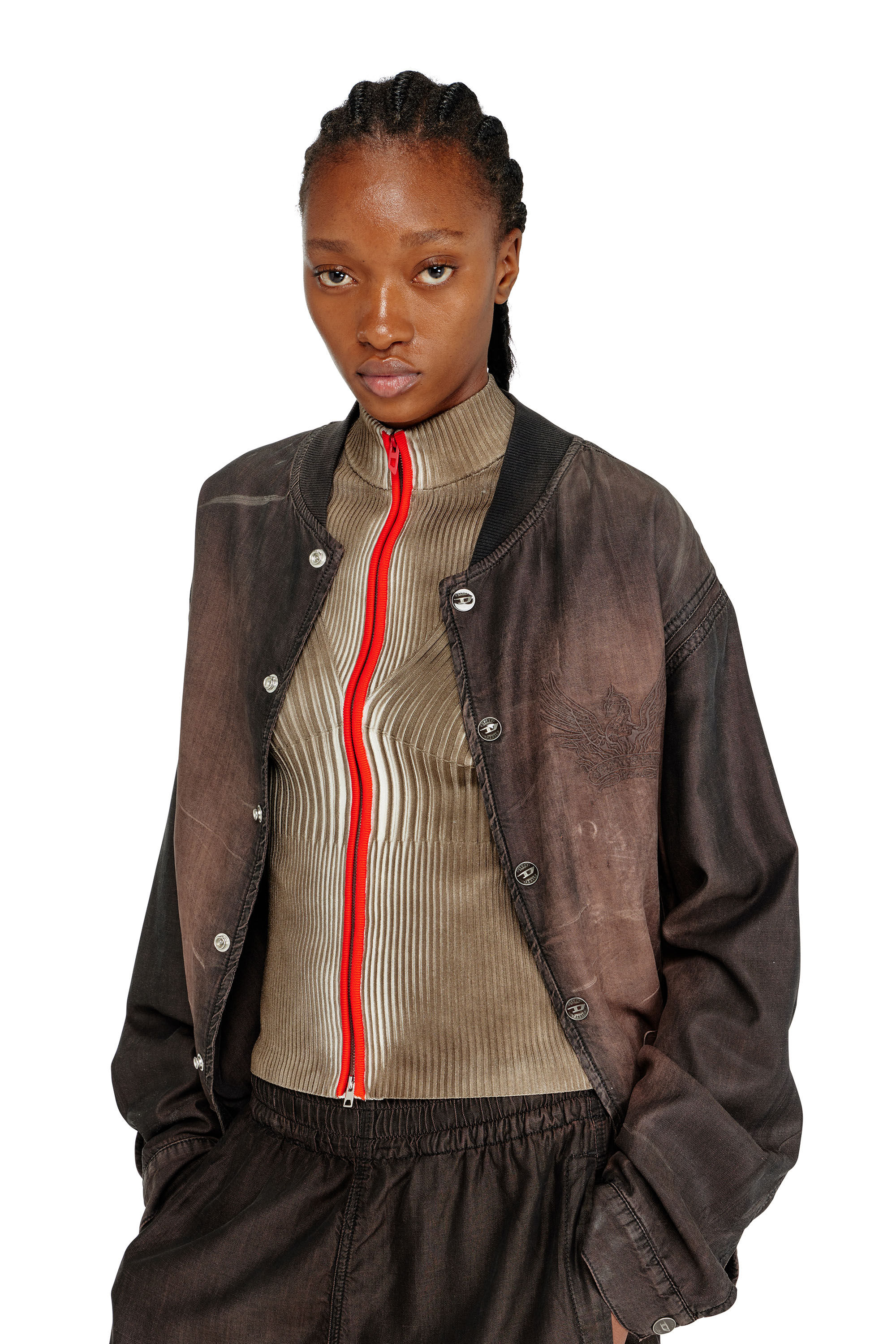 Diesel - M-SARMA, Woman's Ribbed zip cardigan with contrast bands in Red/Brown - 5