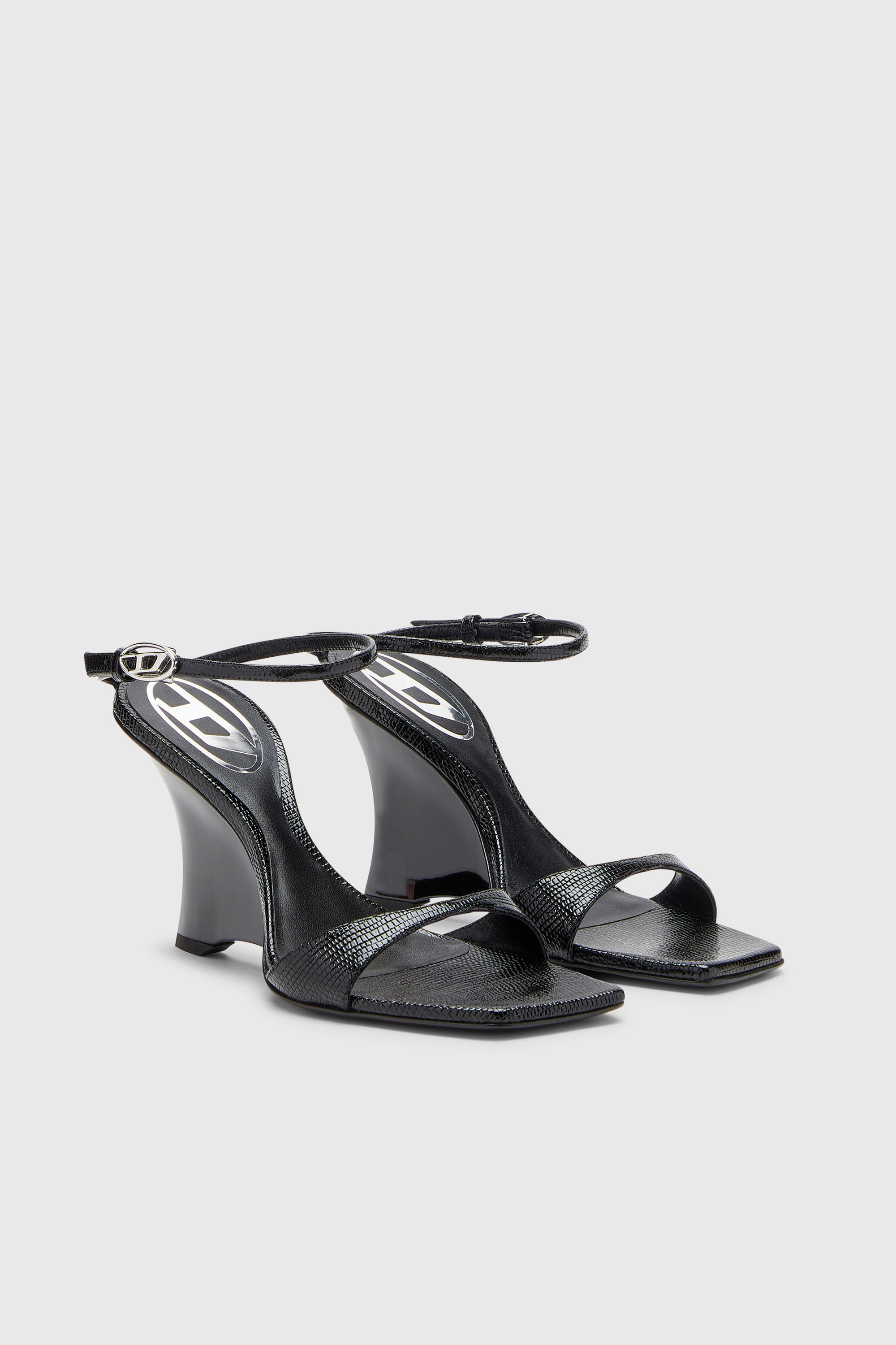 Diesel - D-AMBER SANDAL WEDGE, Woman's D-Amber-Wedge sandals in lizard-effect leather in Black - 2