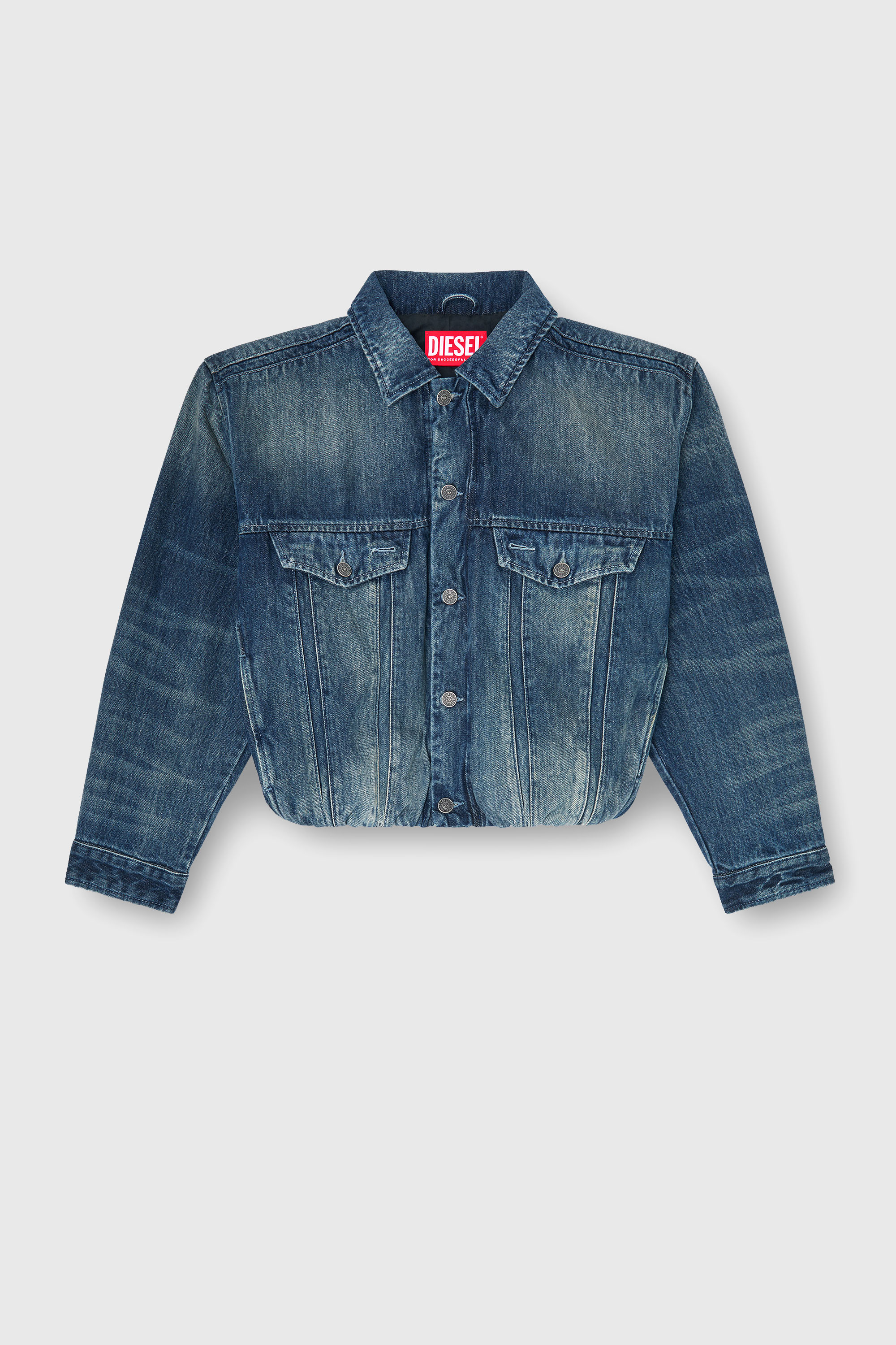 Diesel - DE-MORVI-FSJ, Woman's Elasticated trucker jacket in denim in Medium blue - 2