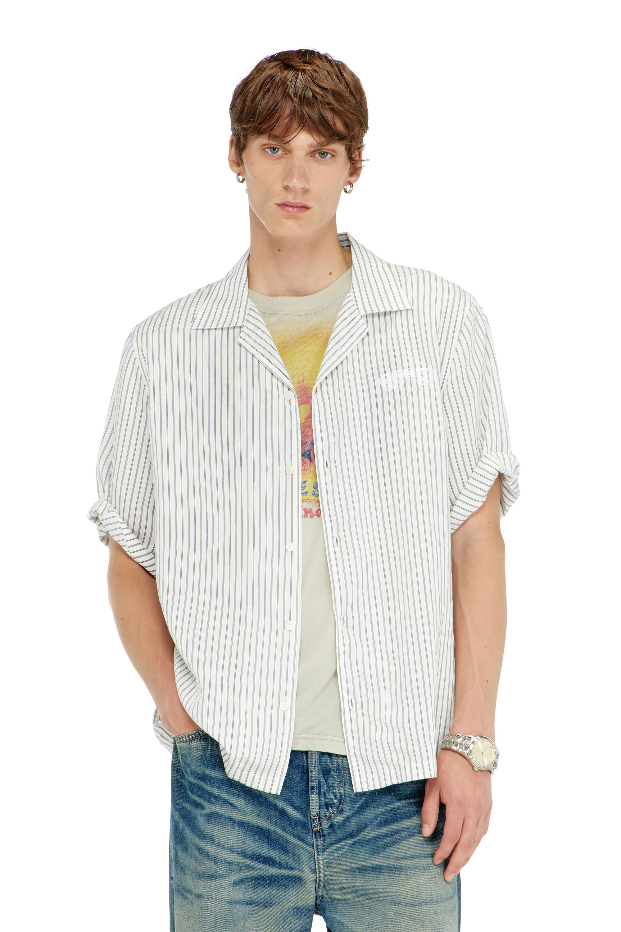 Diesel - S-MAC-EFBV, Man's Half-sleeve shirt in pinstripe modal in White/Grey - 1