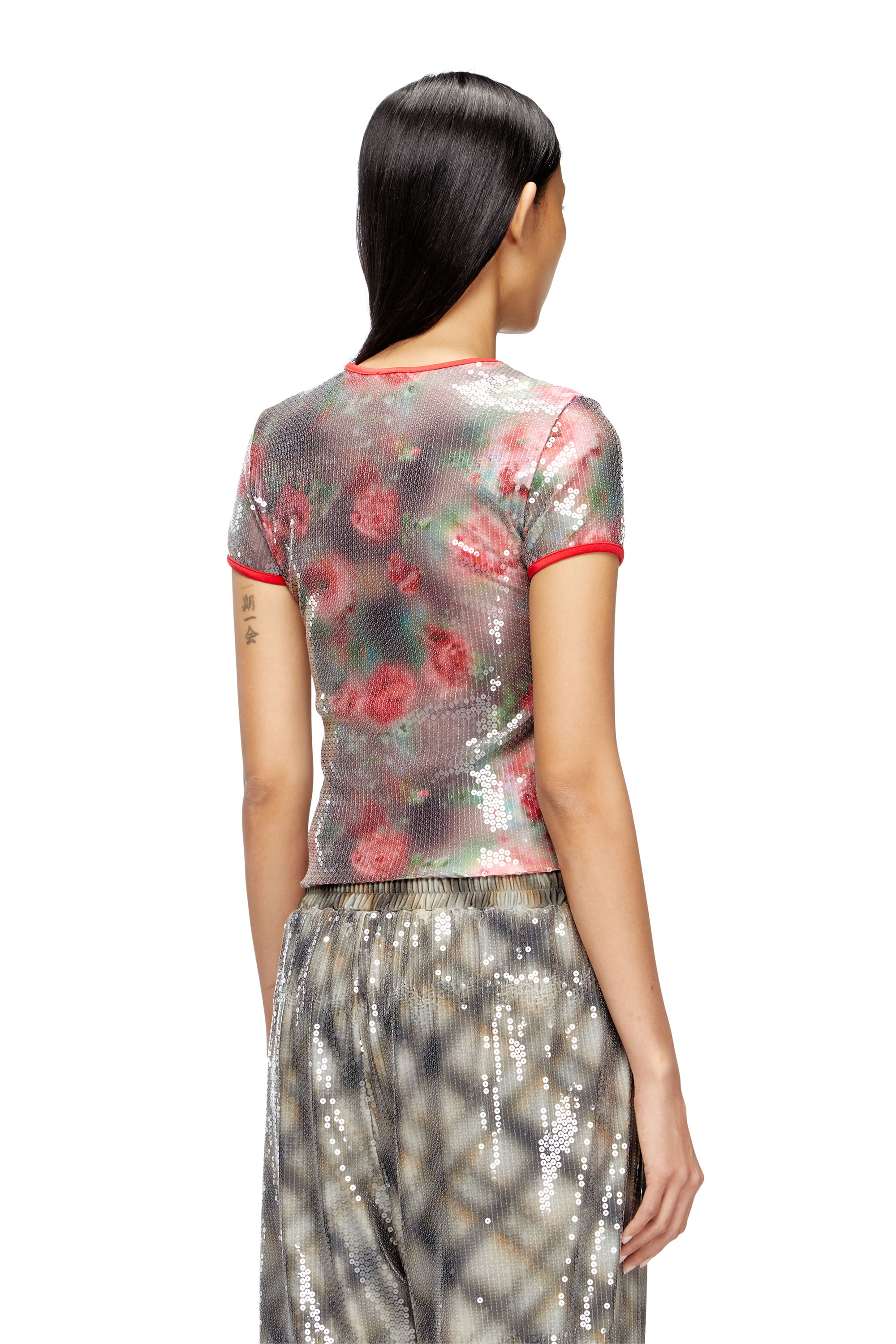 Diesel - T-UNKYEL, Woman's Skinny floral print jersey top with sequins in Brown/Green - 4