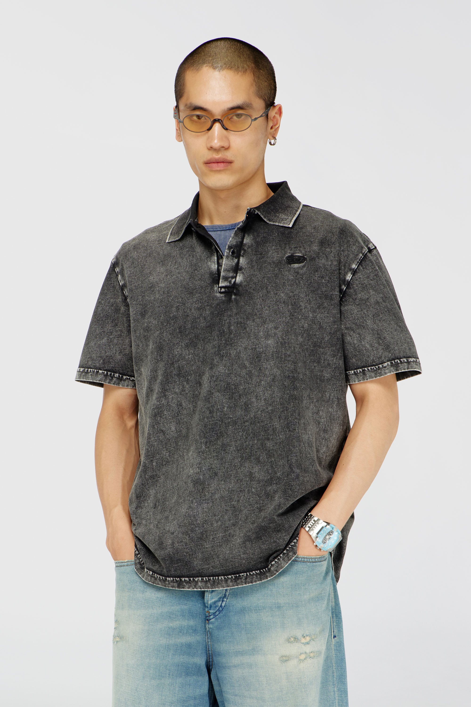 Diesel - T-REJUST-NC-DEN, Man's Polo shirt in denim-effect jersey in Dark grey - 1
