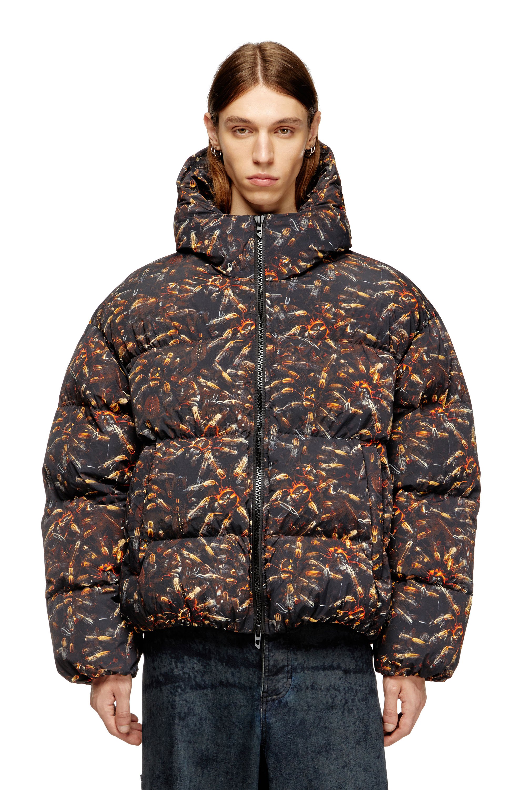 Diesel - W-SPIDER, Man's Hooded puffer jacket with spider print in Black/Brown - 1