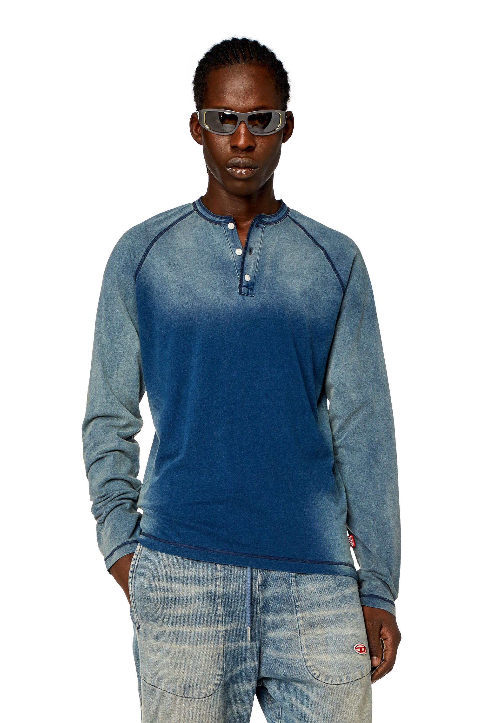 Diesel - T-RISY, Man Henley T-shirt with sun-faded effect in Blue - Image 1