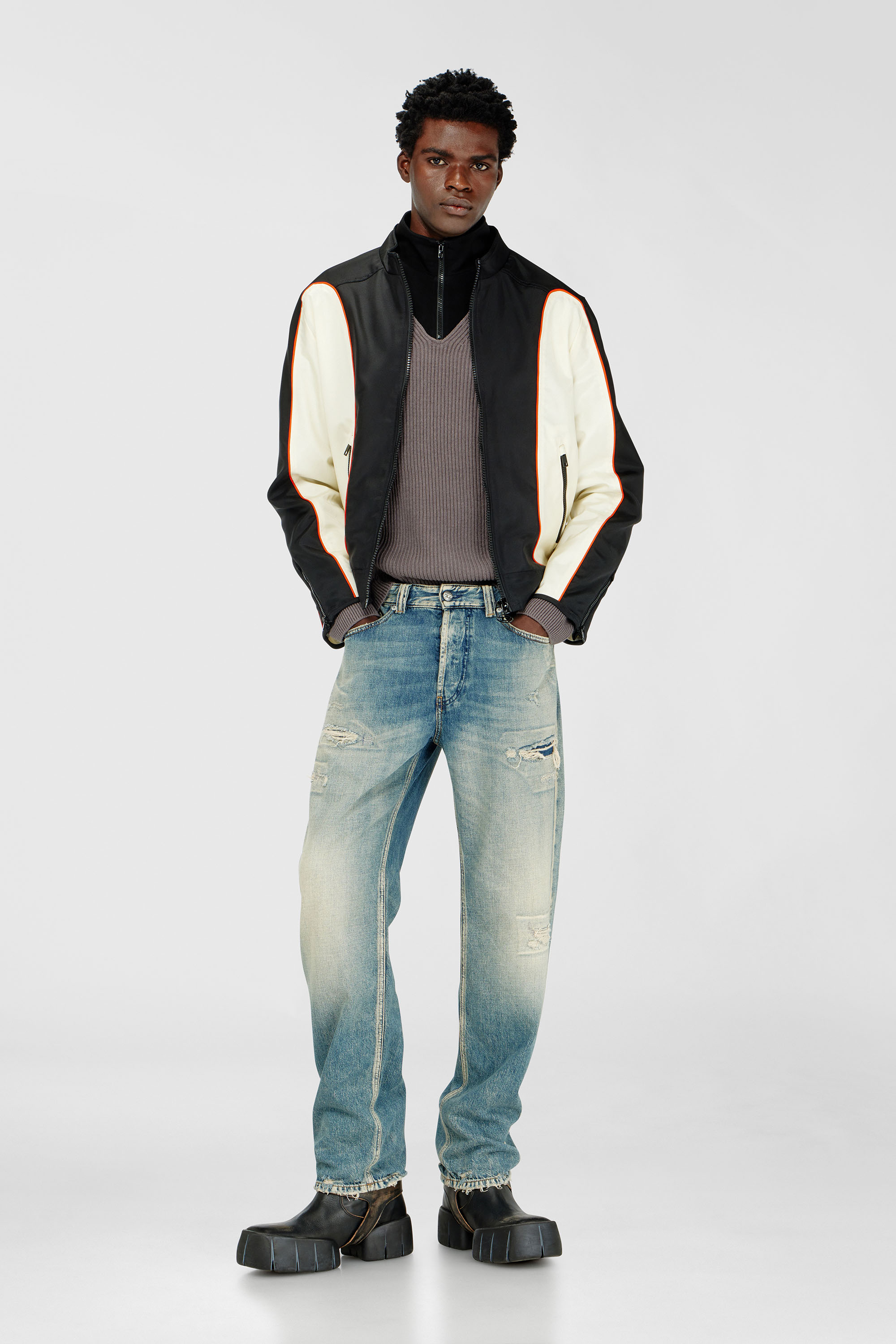 Diesel - J-BLINK-WRD, Man's Nylon jacket with color block and piping details in Black/White - 2