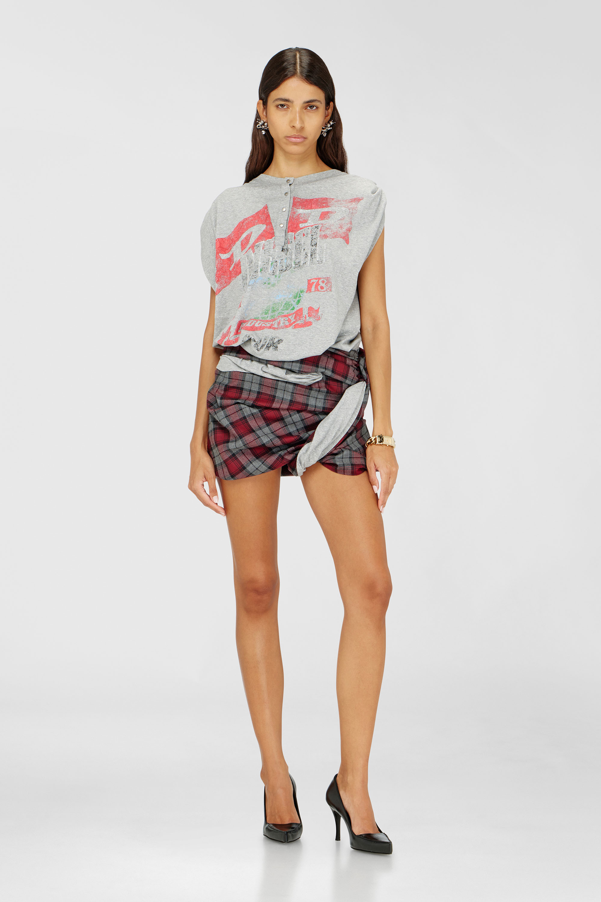 Diesel - J-VOXA-CHECK, Woman's Playsuit in jersey and check wool in Red/Grey - 1