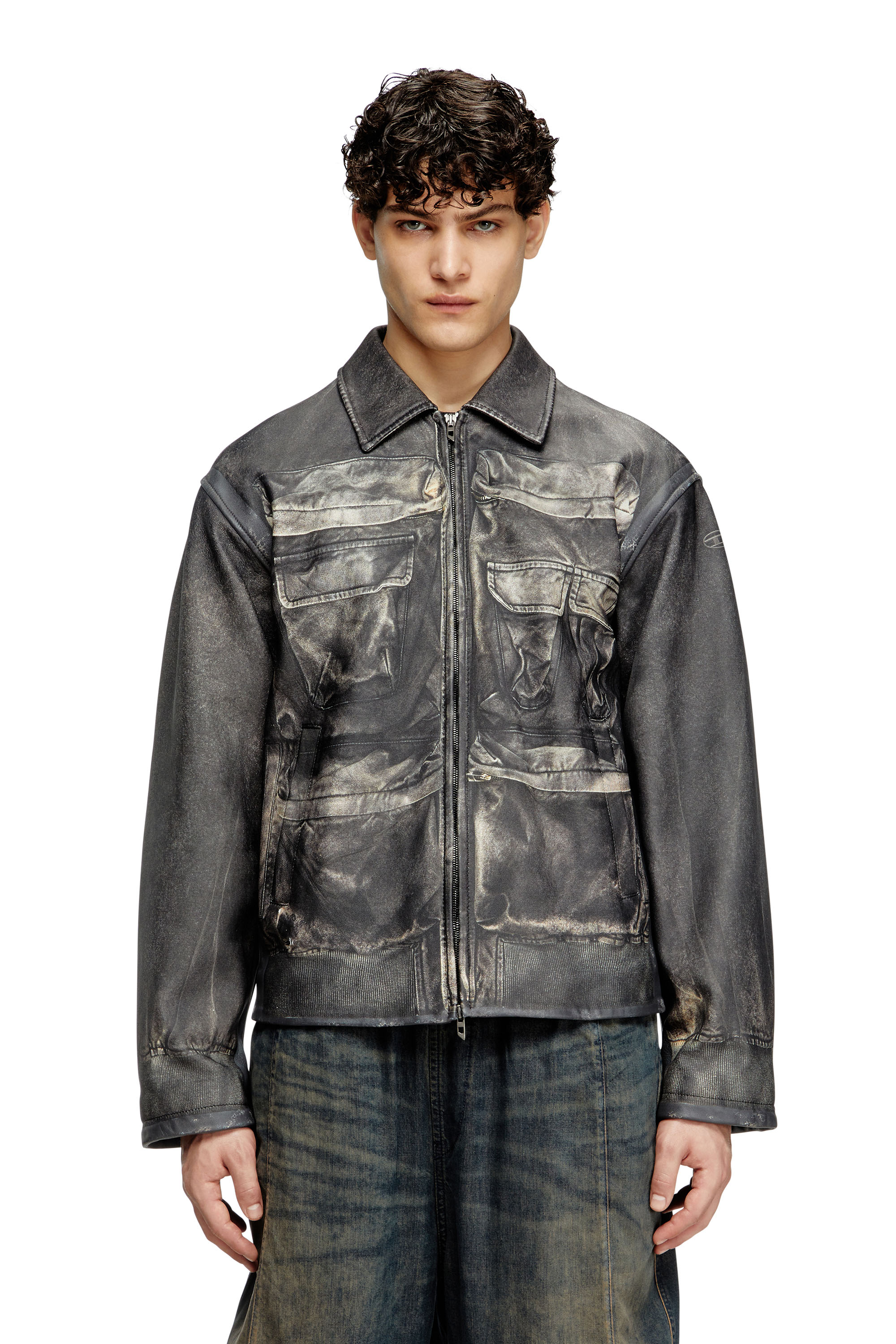 Diesel - L-MAYER, Man's Leather jacket with trompe l'oeil pockets in Black - 1