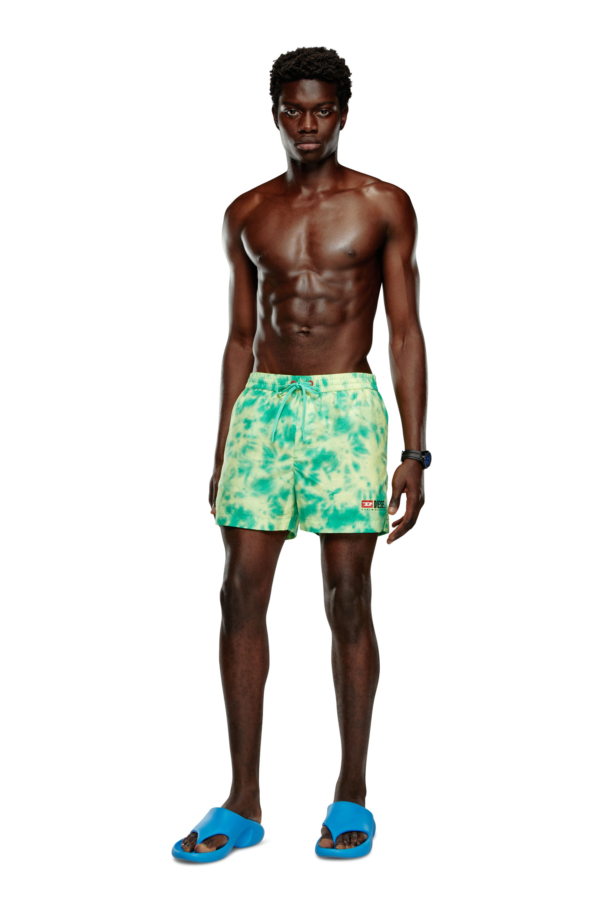 Diesel - BMBX-KEN-37, Man's Mid-length swim shorts with tie-dye print in Green/Yellow - 2