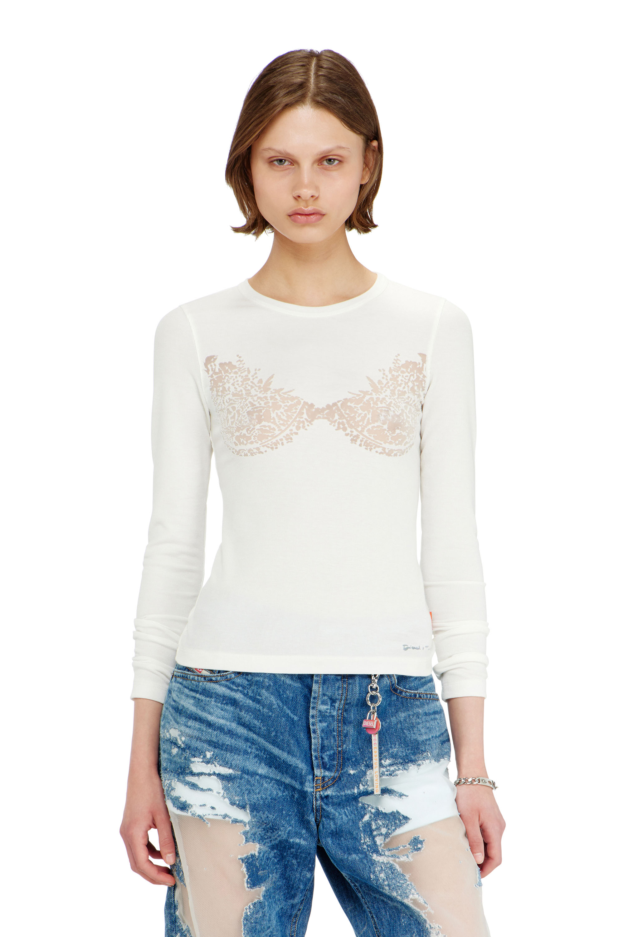 Diesel - PR-T-MOKKI-LS-R, Woman's Top with devor&eacute; lace effect in White - 3