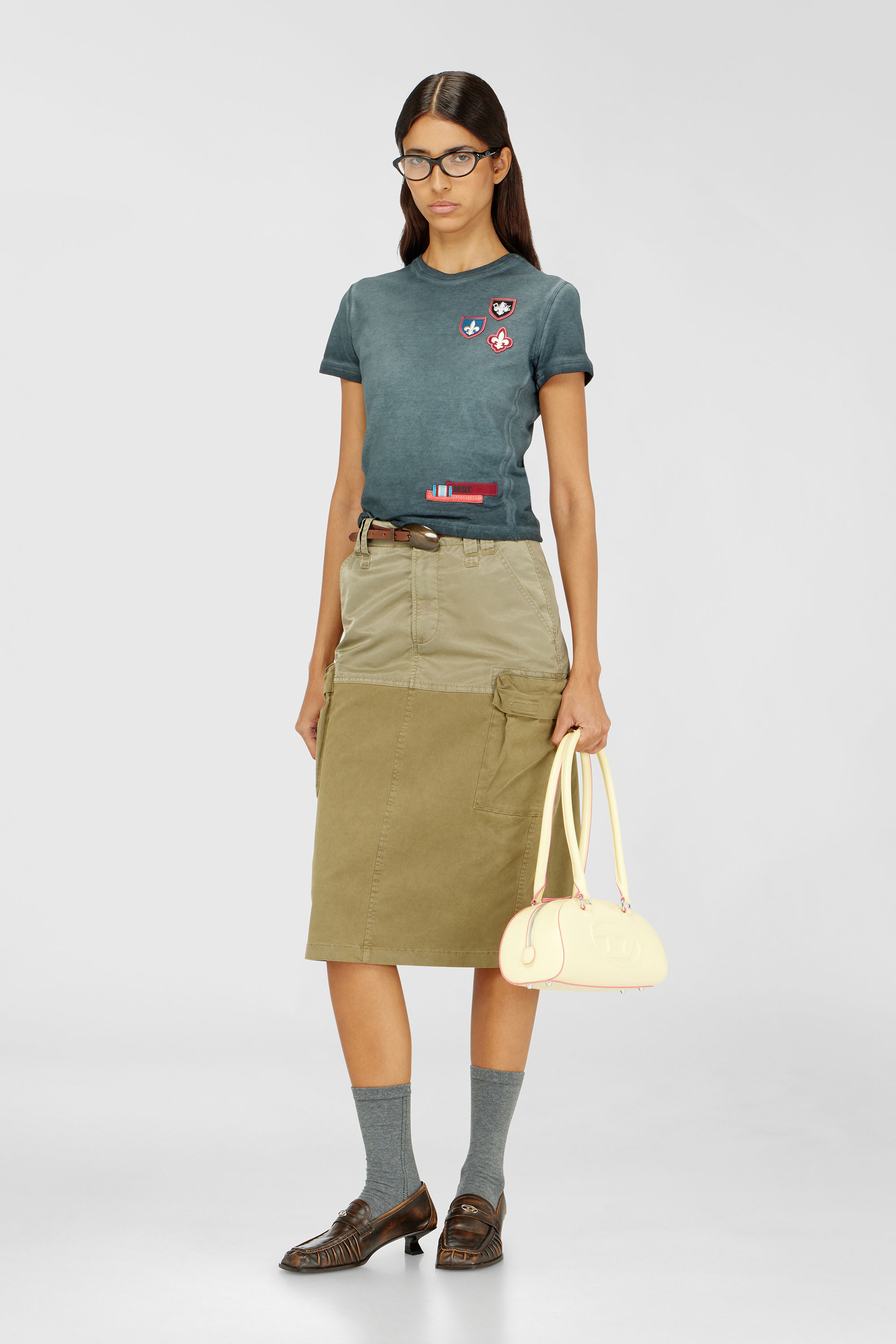 Diesel - T-UNCUTY-WAF, Woman's T-shirt with patches and microwaffle sides in Dark Green - 2