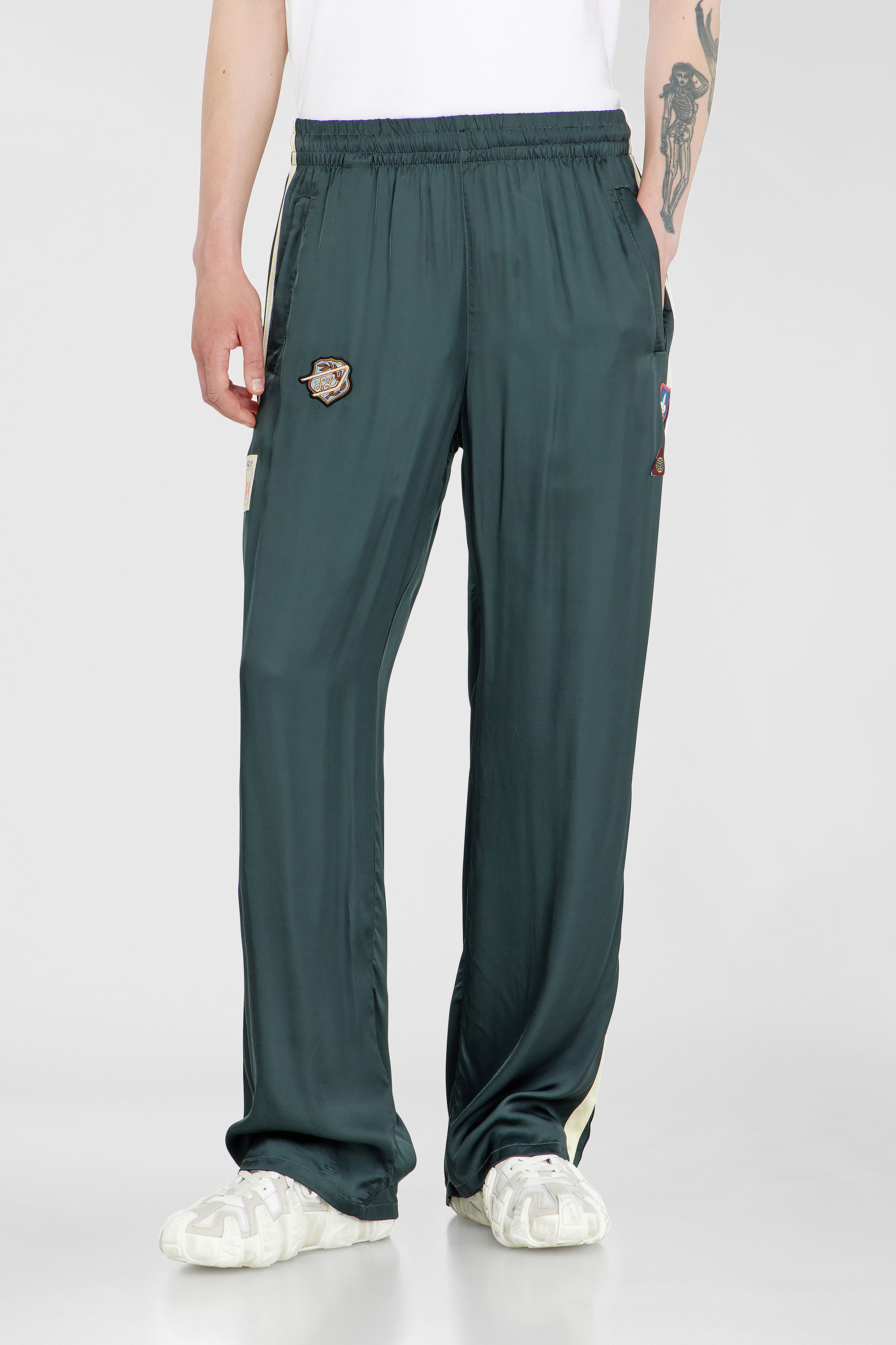 Diesel - P-ANNU, Man's Satin track pants with patches in Dark Green - 1