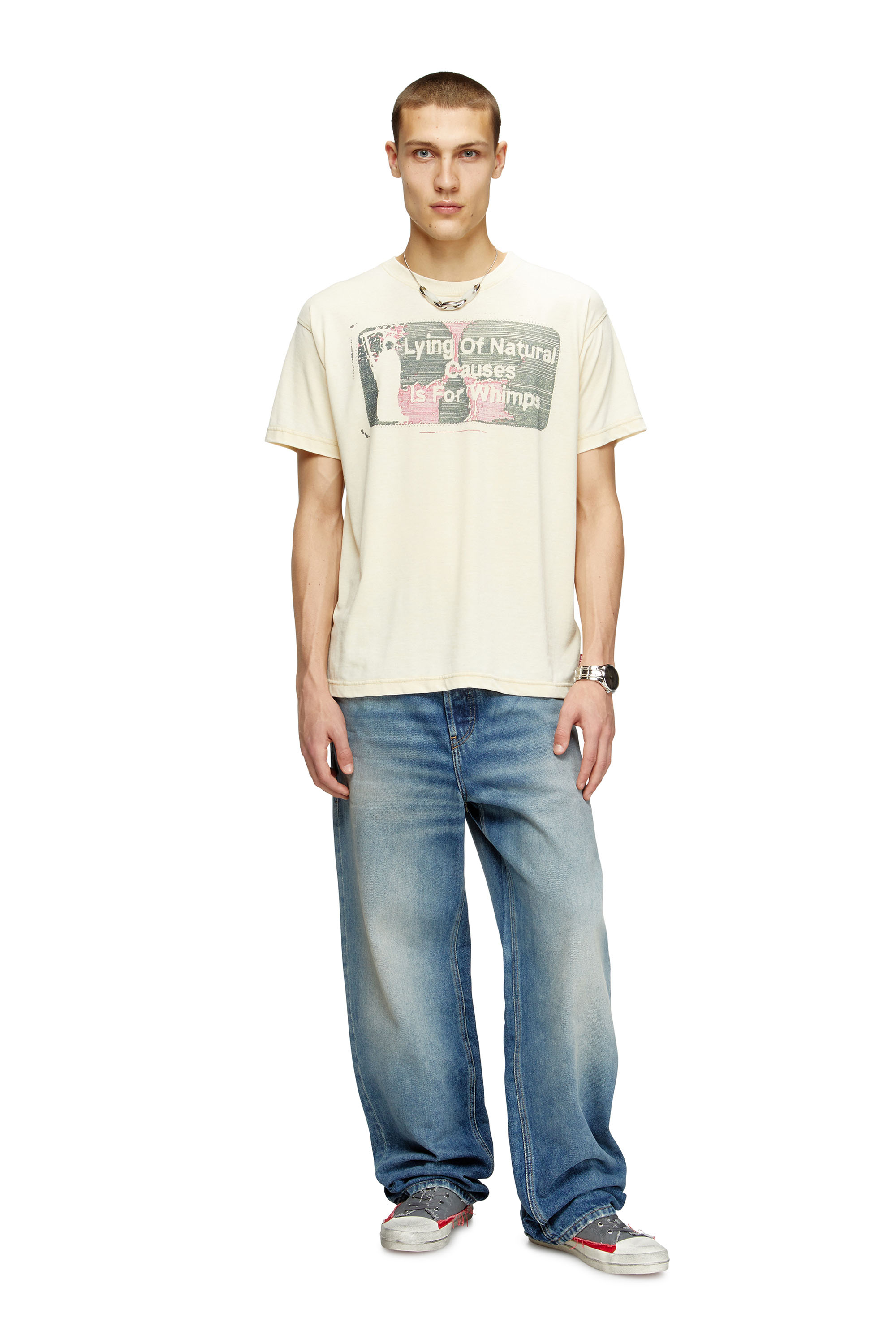 Diesel - T-NORM-T2, Man's Slogan T-shirt with burnout wash in Beige - 1