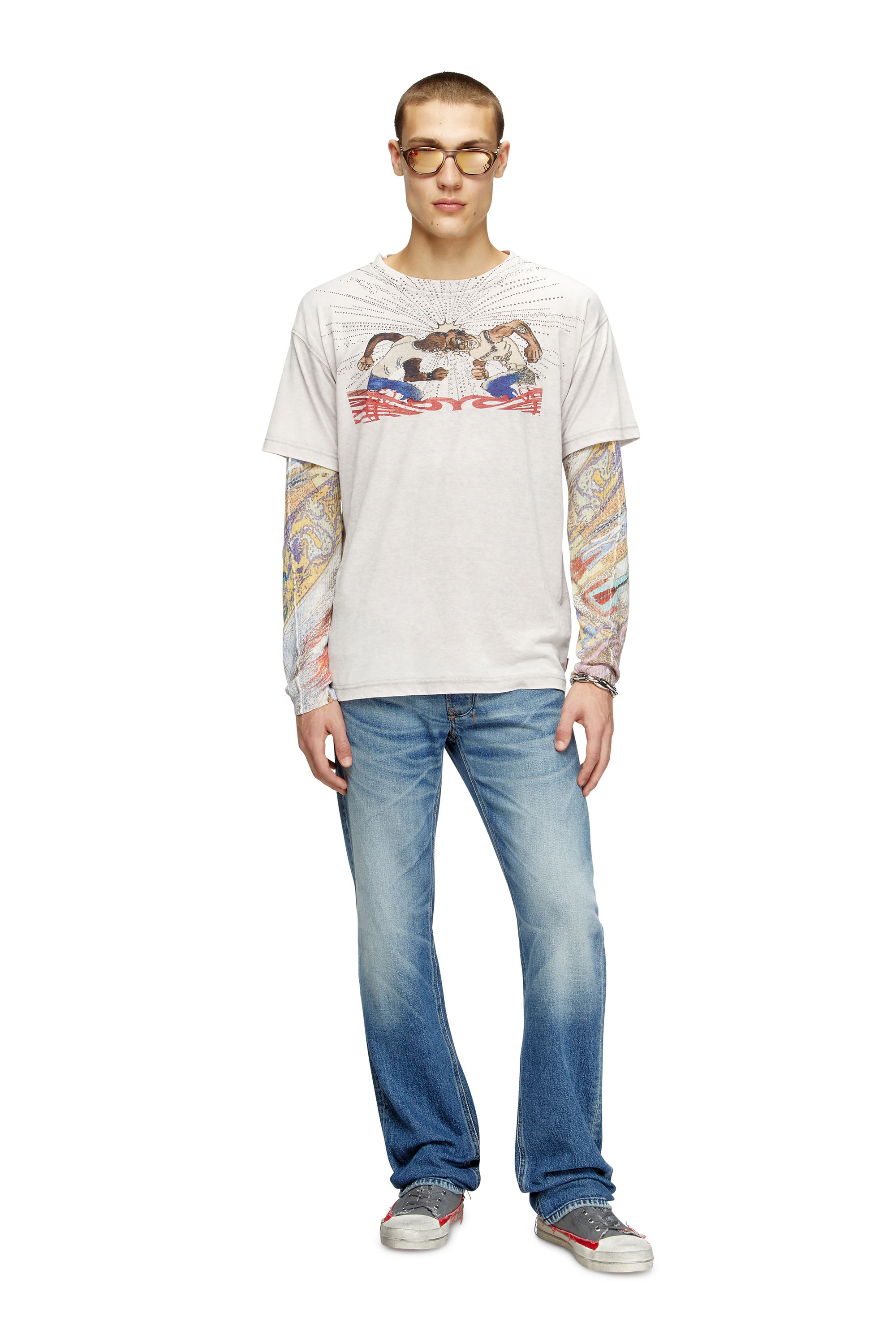 Diesel - T-NORM-T15, Man's T-shirt with rhinestone graphic in Light Grey - 1