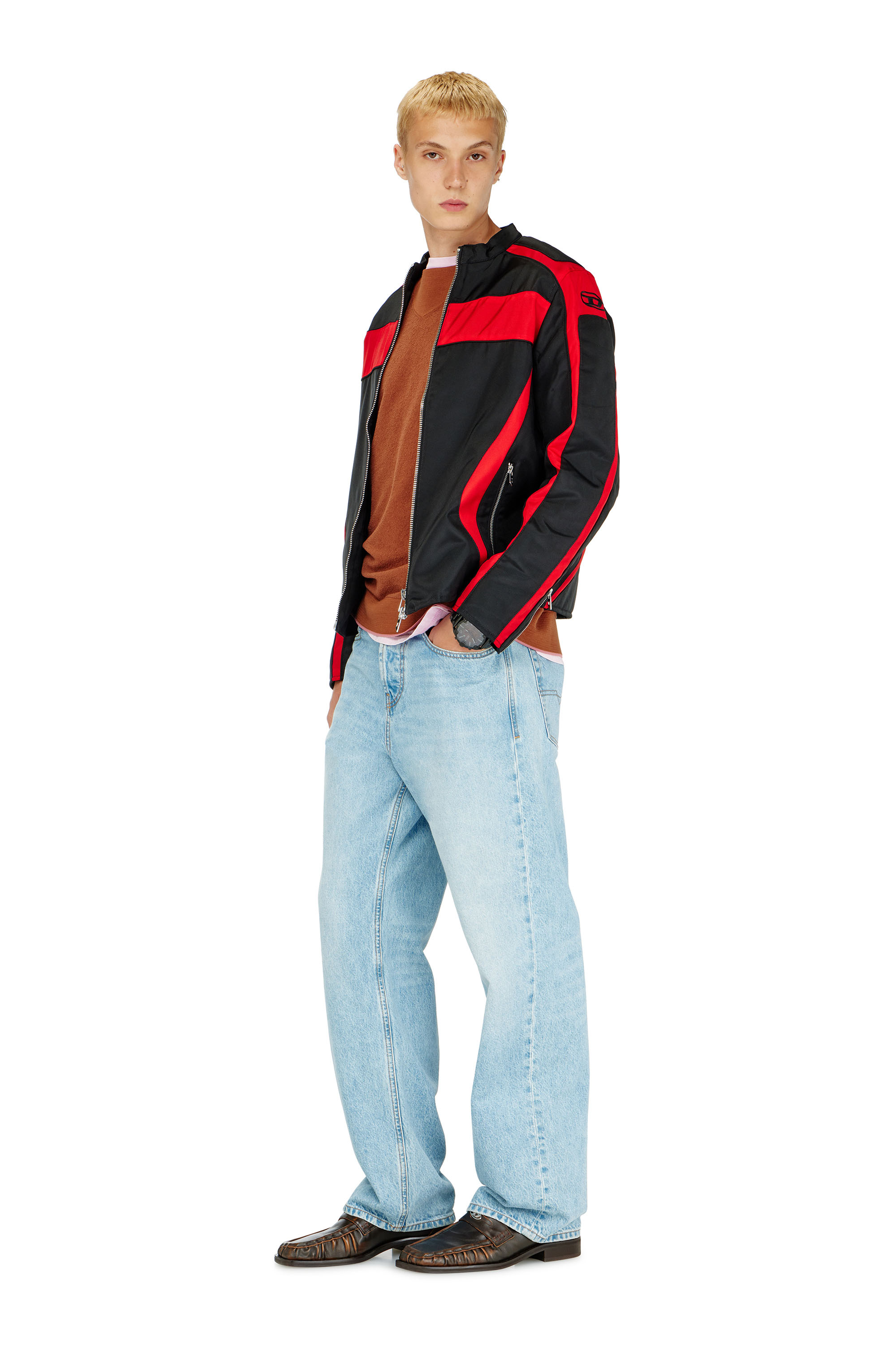 Diesel - J-ADAM-PDAI, Man's Biker jacket in colour-block canvas in Black/Red - 2