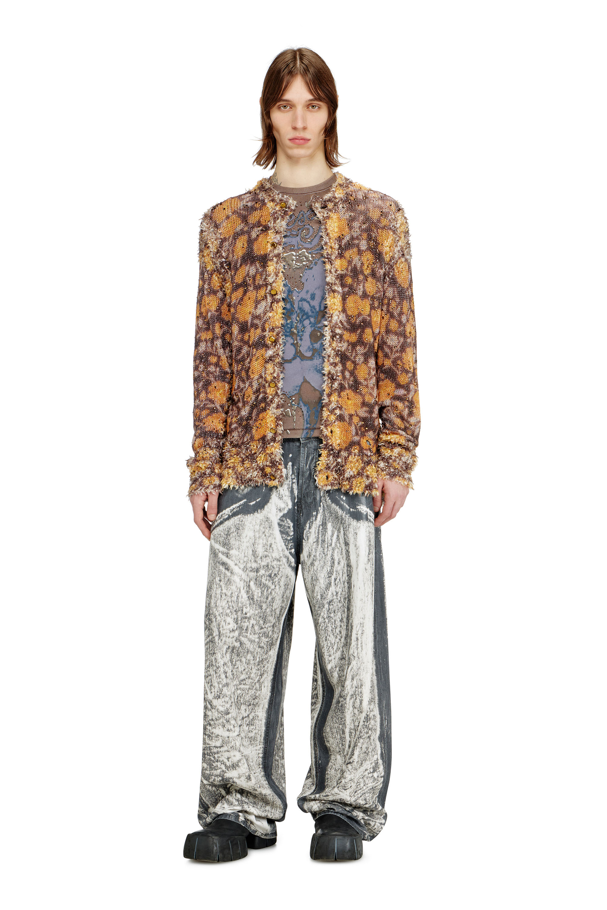 Diesel - K-LINNUS, Man's Printed linen-blend cardigan with crystals in Brown/Orange - 2