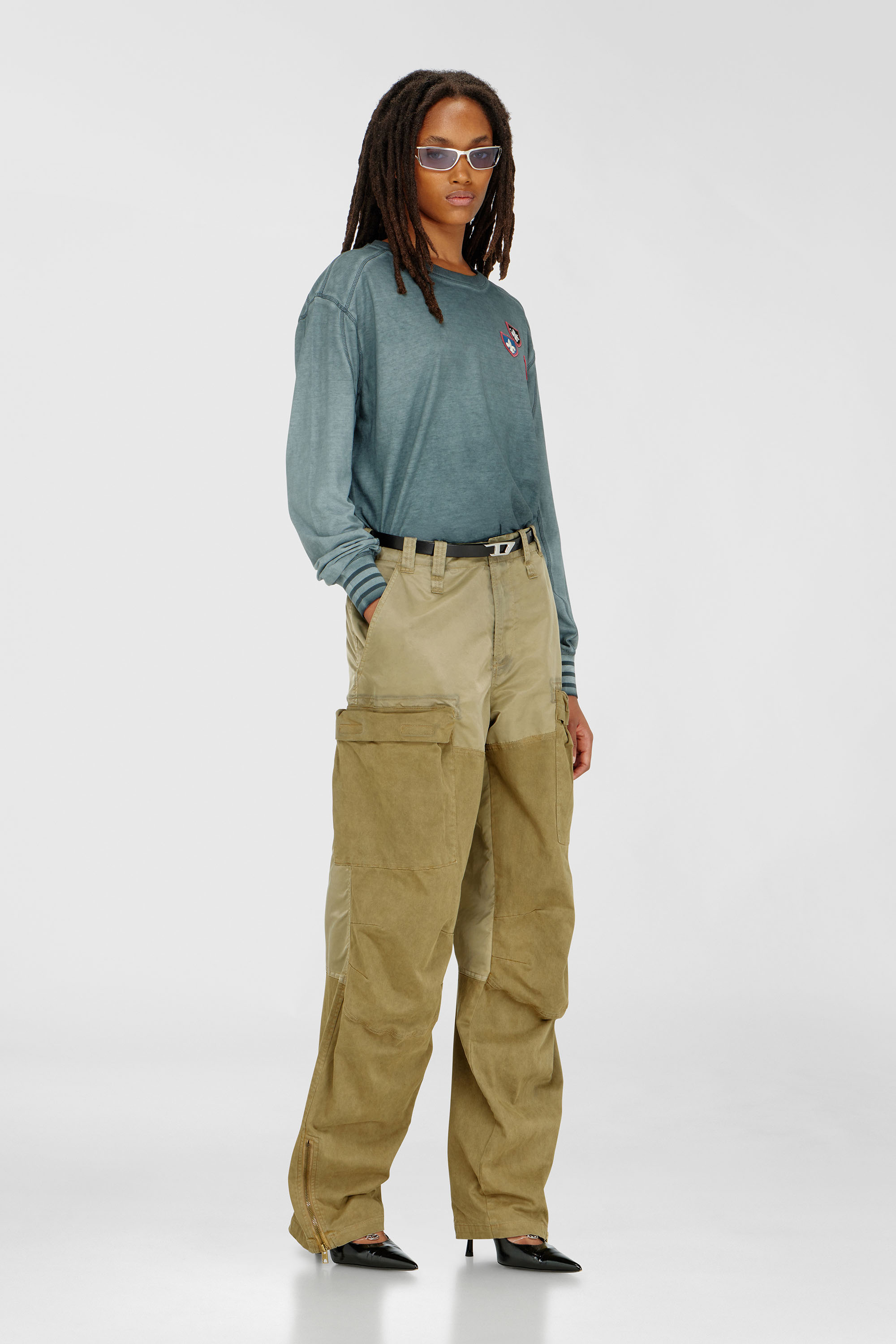Diesel - T-BAWYE-LS, Woman's T-shirt with patches and microwaffle inserts in Dark Green - 2