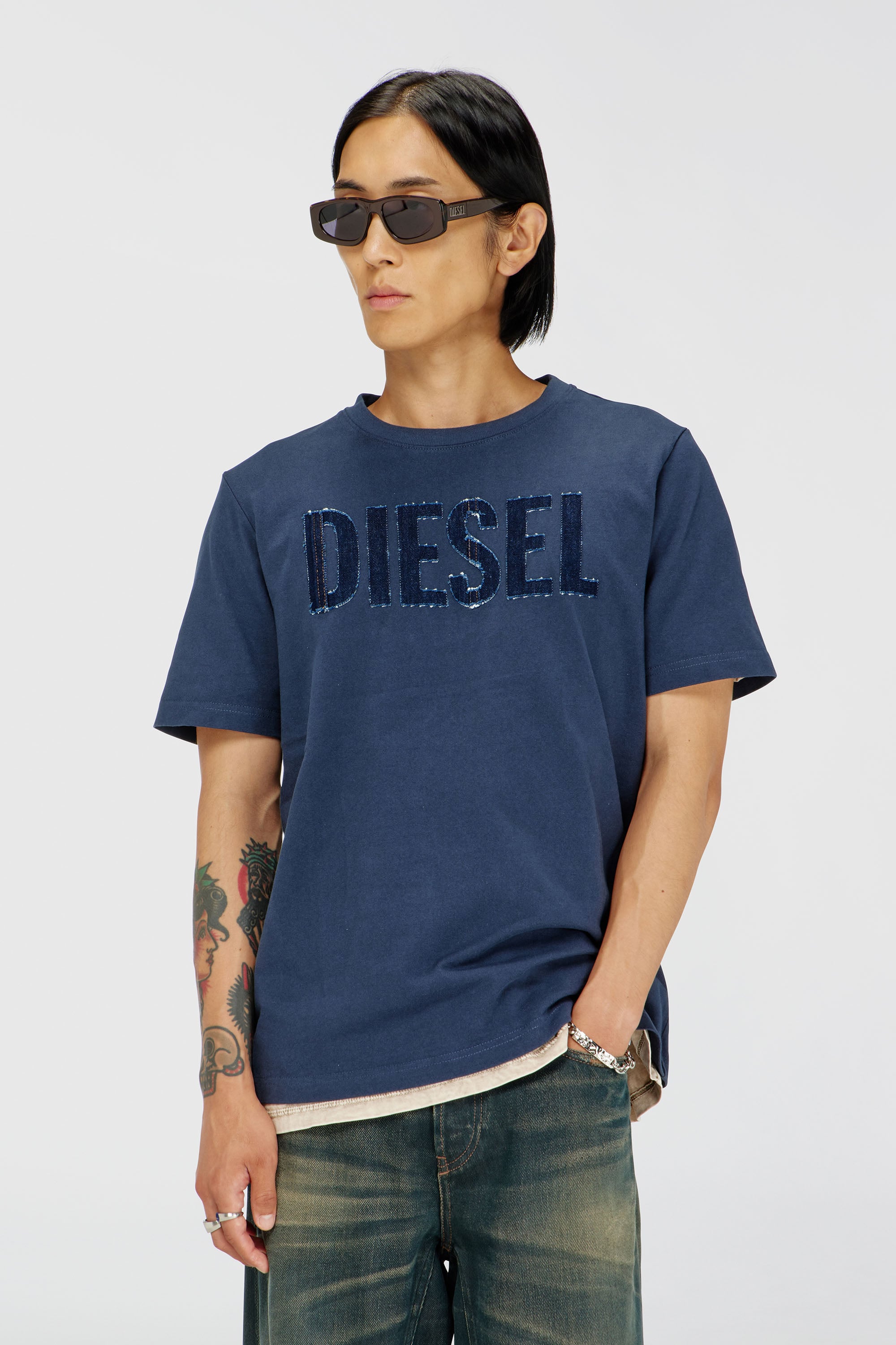 Diesel - T-JUST-APP-T92, Man's Cotton T-shirt with tonal Diesel logo print in Blue - 1