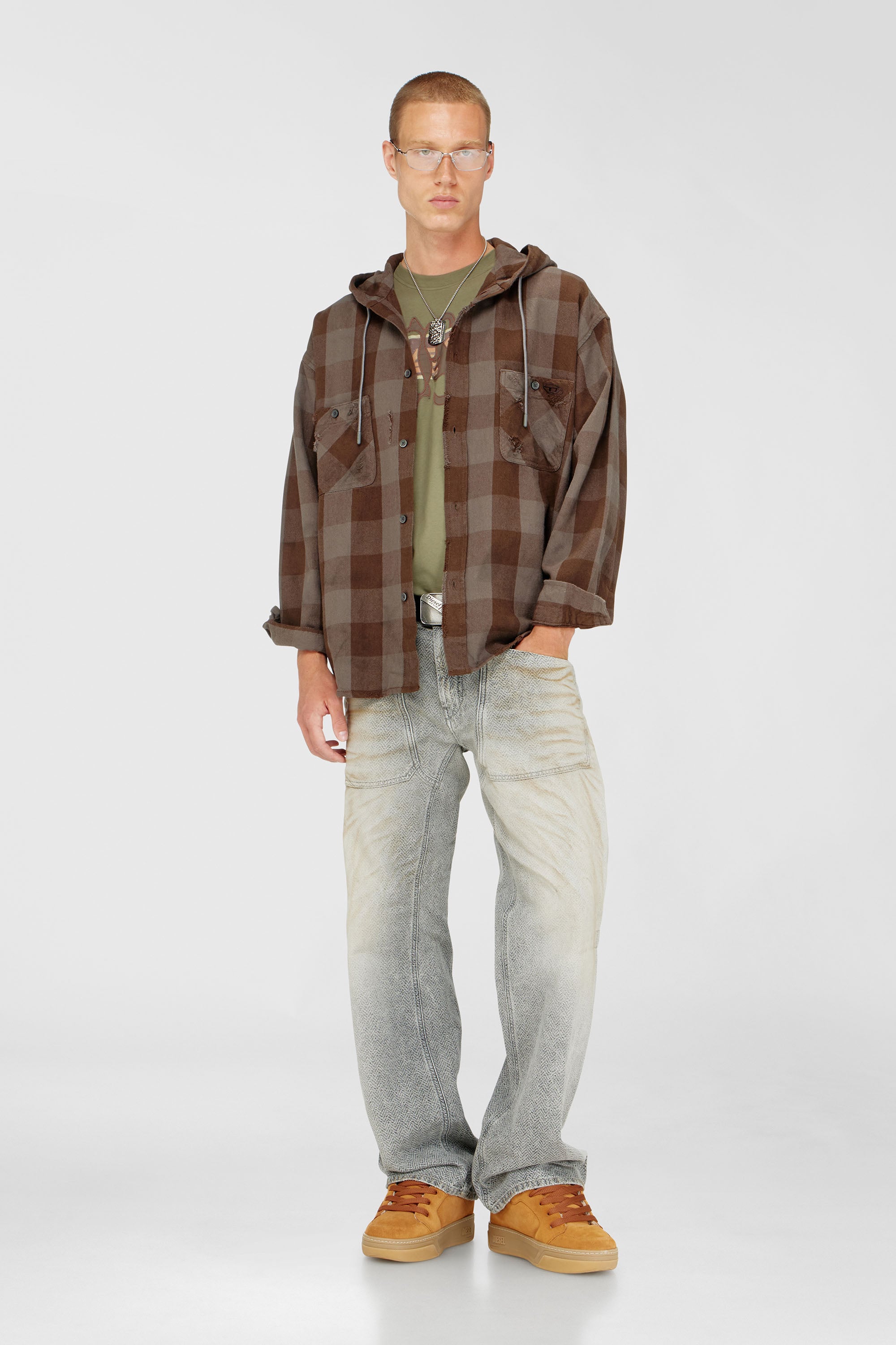 Diesel - S-DRUM-HOODY, Man's Distressed hooded shirt in check flannel in Brown - 2