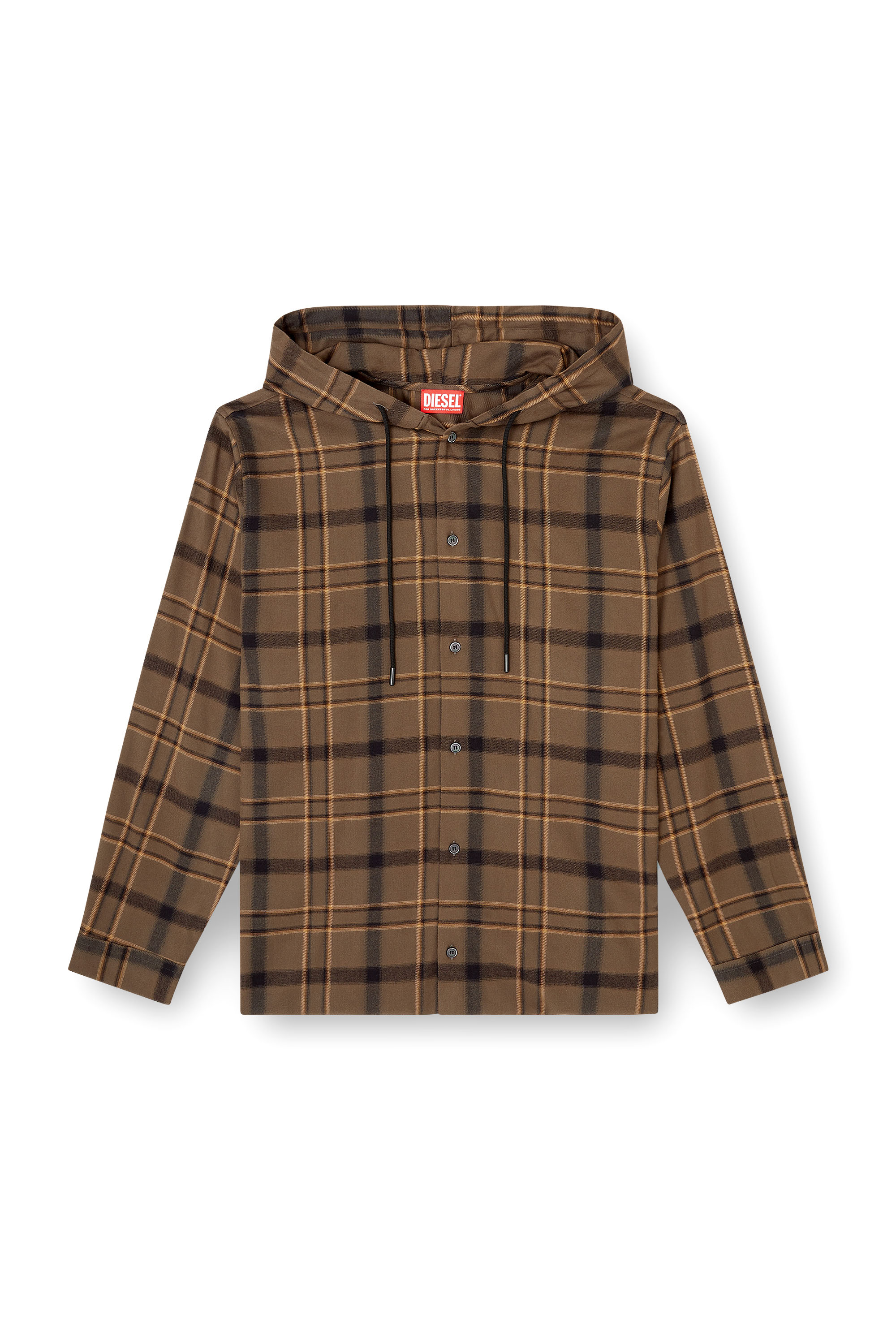 Diesel - S-IX, Man's Hooded shirt in check flannel with logo in Brown - 3