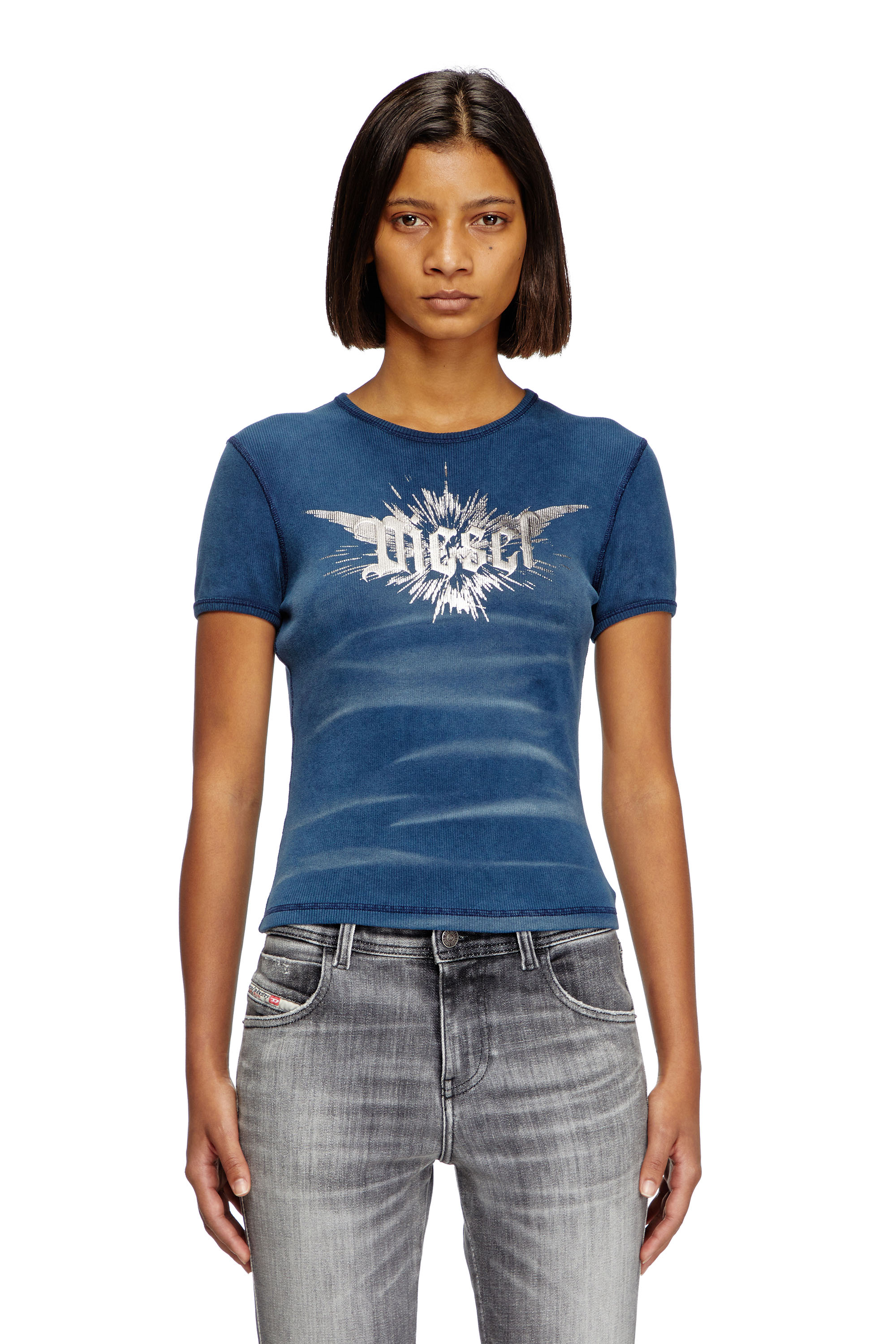 Diesel - T-ELE-LONG-P2, Woman's T-shirt with winged Diesel foil print in Blue - 3
