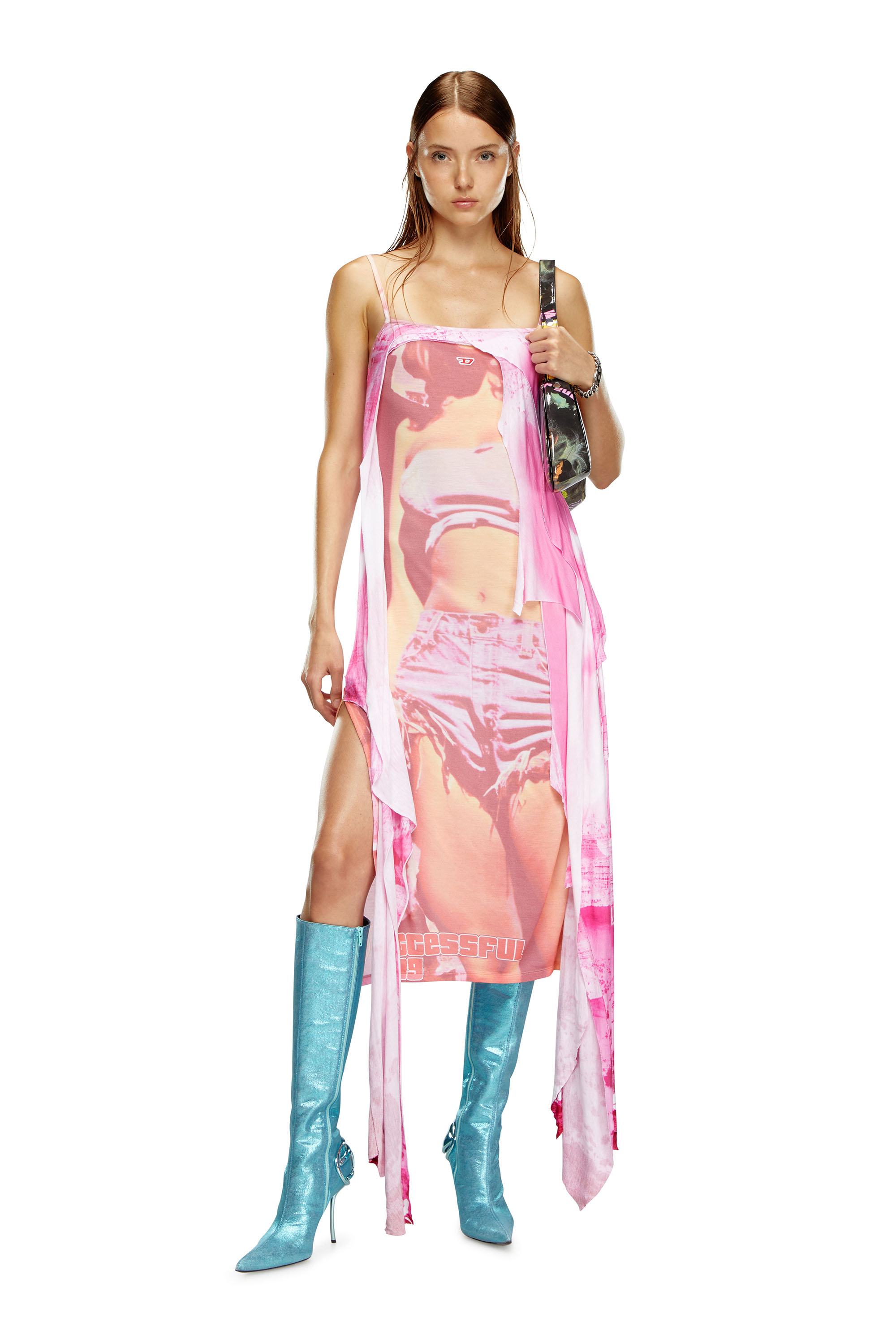 Diesel - D-MALORY-LONG, Woman Midi dress with asymmetric overlay in Pink - Image 2