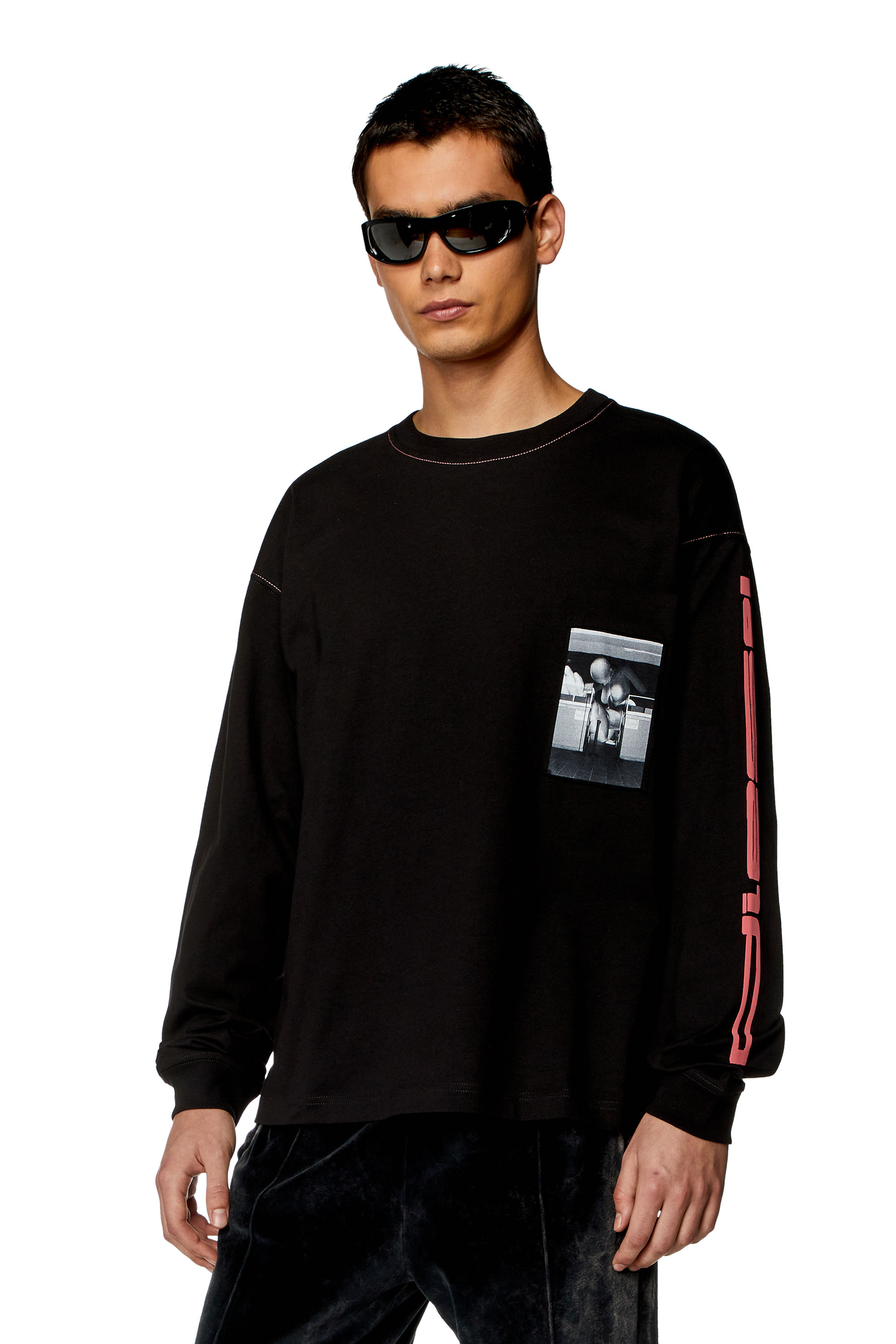 Diesel - T-BOXT-LS-N, Man Long-sleeve T-shirt with raw-cut patches in Black - Image 1