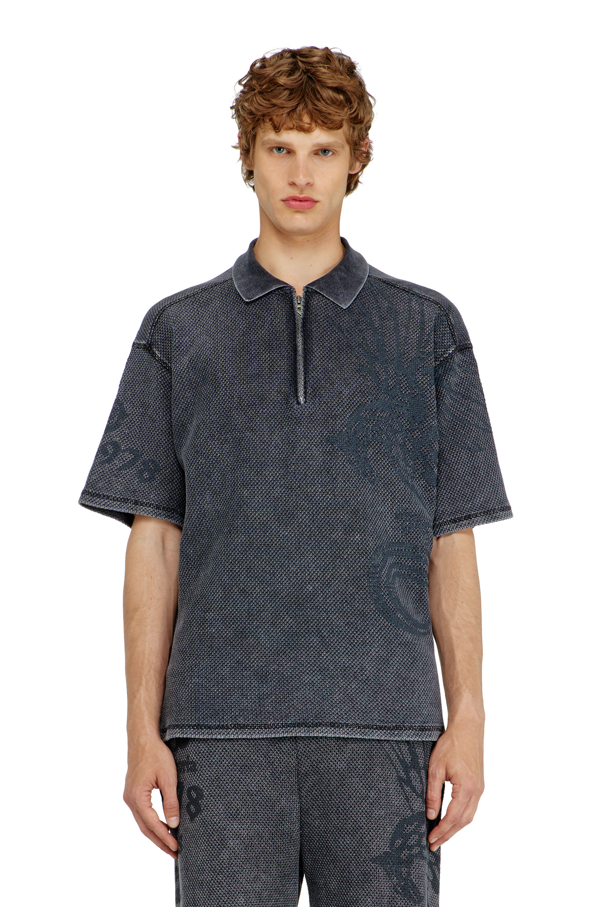 Diesel - T-ERRY-ZIP, Man's Mesh-jacquard polo shirt with Phoenix print in Dark grey - 1
