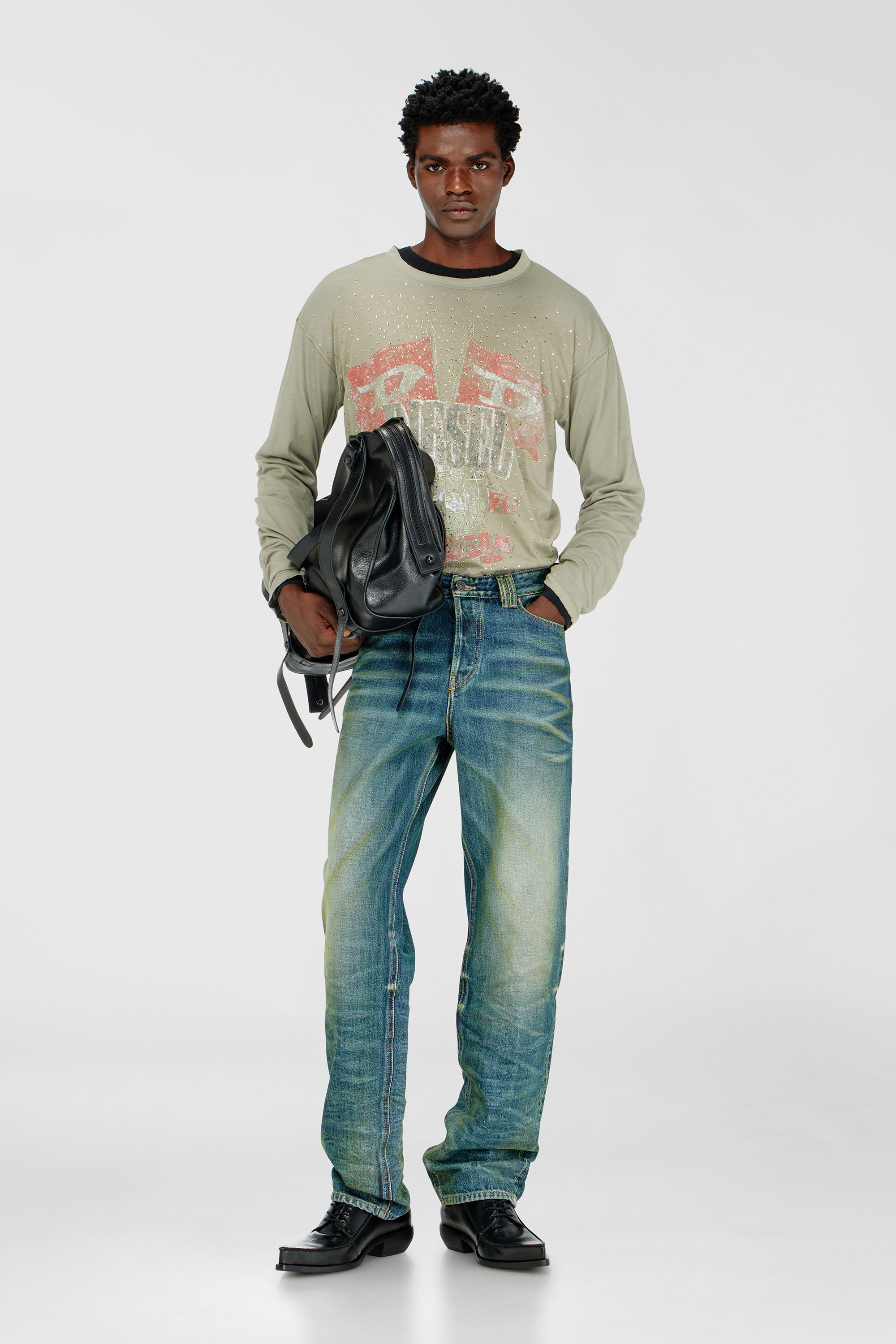 Diesel - T-GERI-LS-A, Man's Long-sleeve T-shirt with concert graphics and crystals in Olive Green - 1