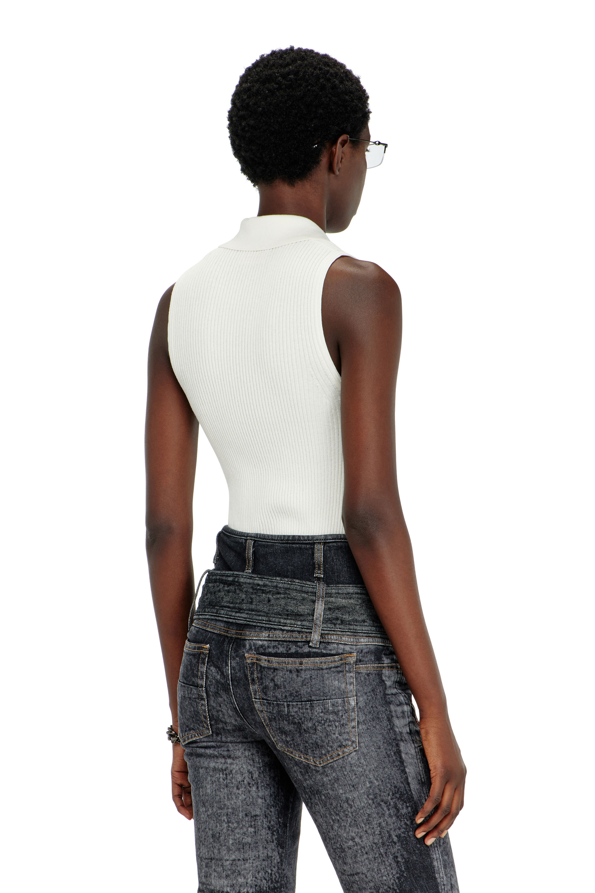 Diesel - M-LILITA, Woman's Sleeveless rib-knit polo top in silk blend in White - 4