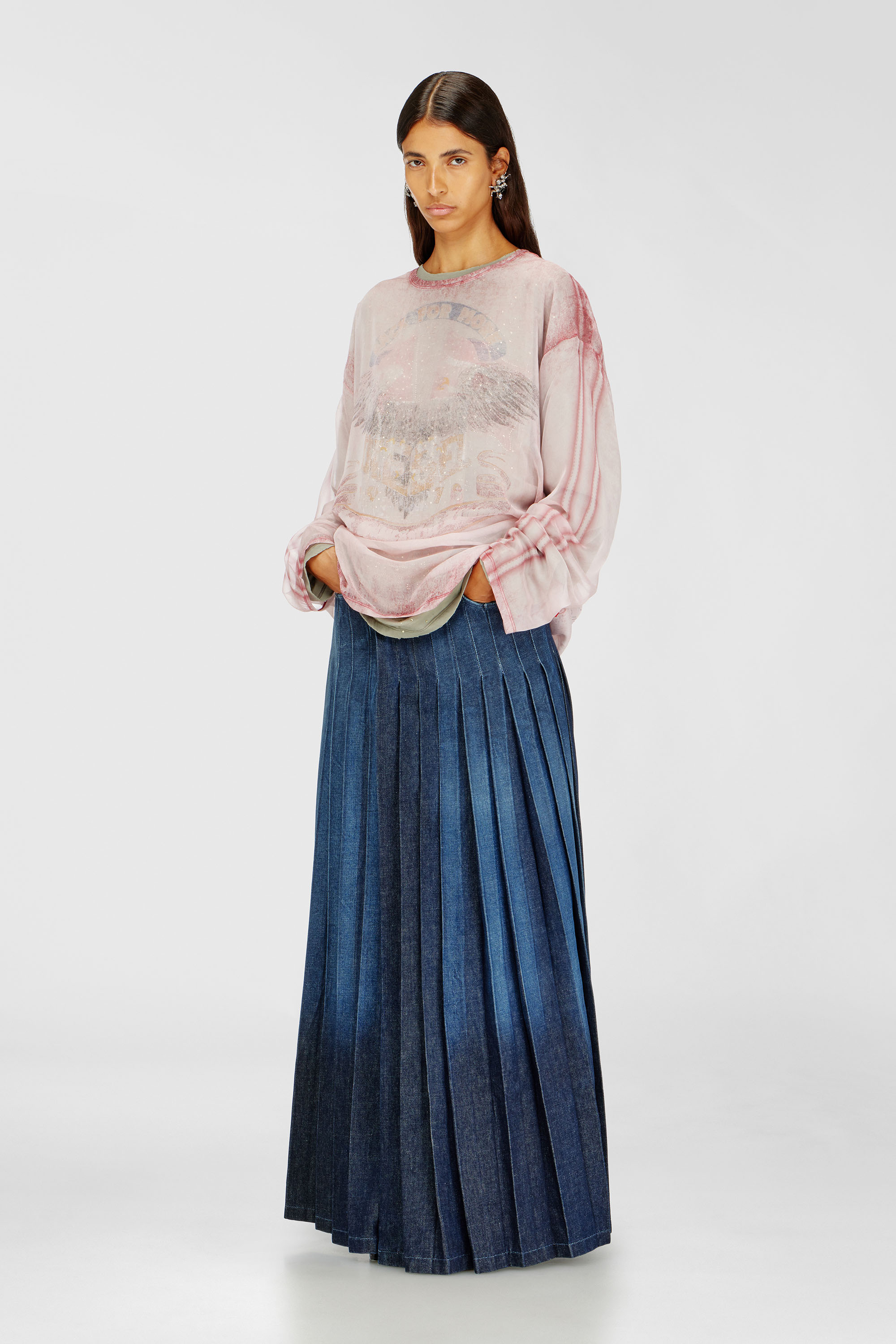 Diesel - D-QUILTY-FSJ1, Unisex's Long wrap skirt in pleated denim in Dark Blue - 1