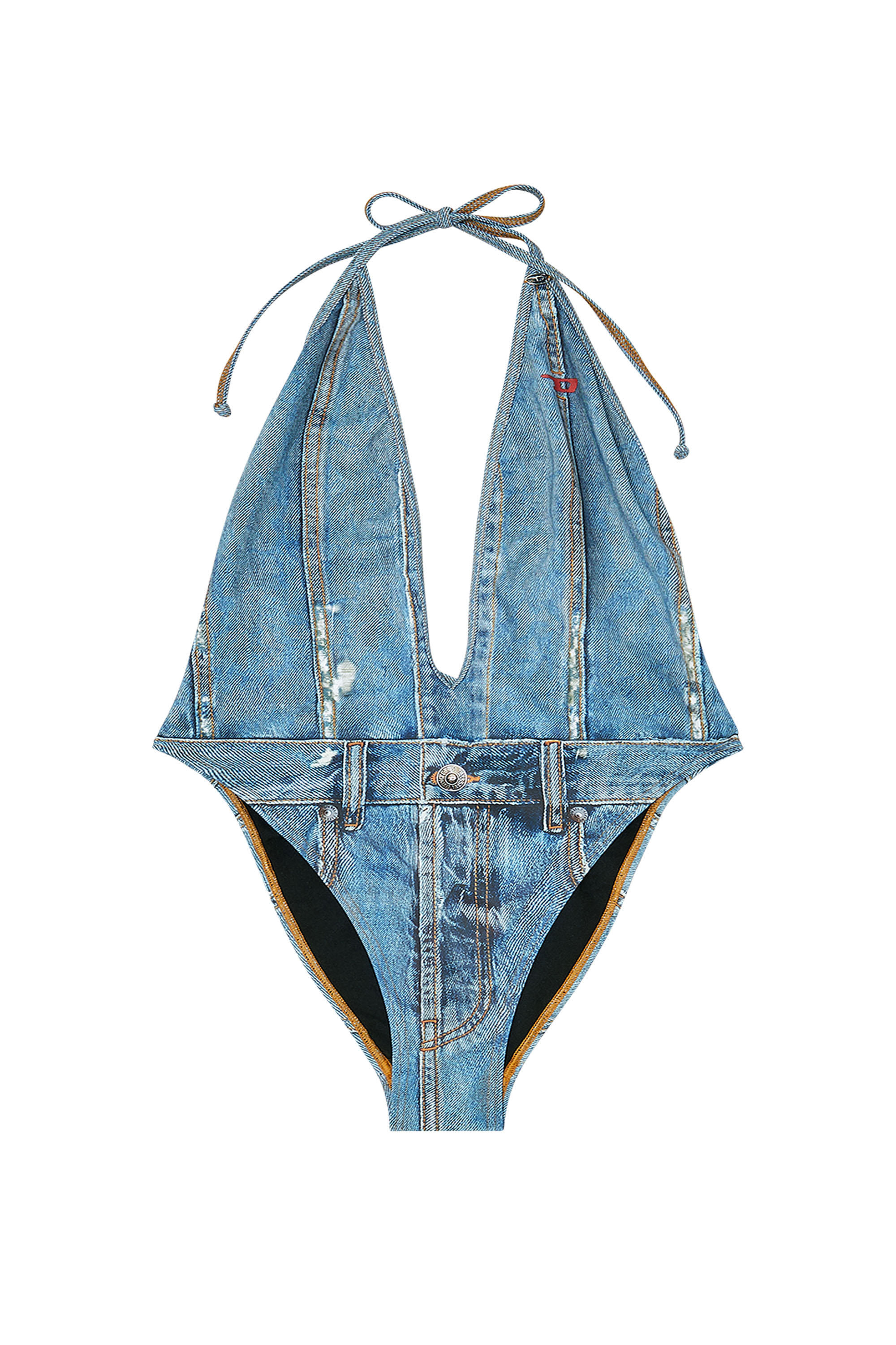 Diesel - KINSLEY-DNM, Woman's Plunging swimsuit with denim trompe l'oeil in Blue - 6