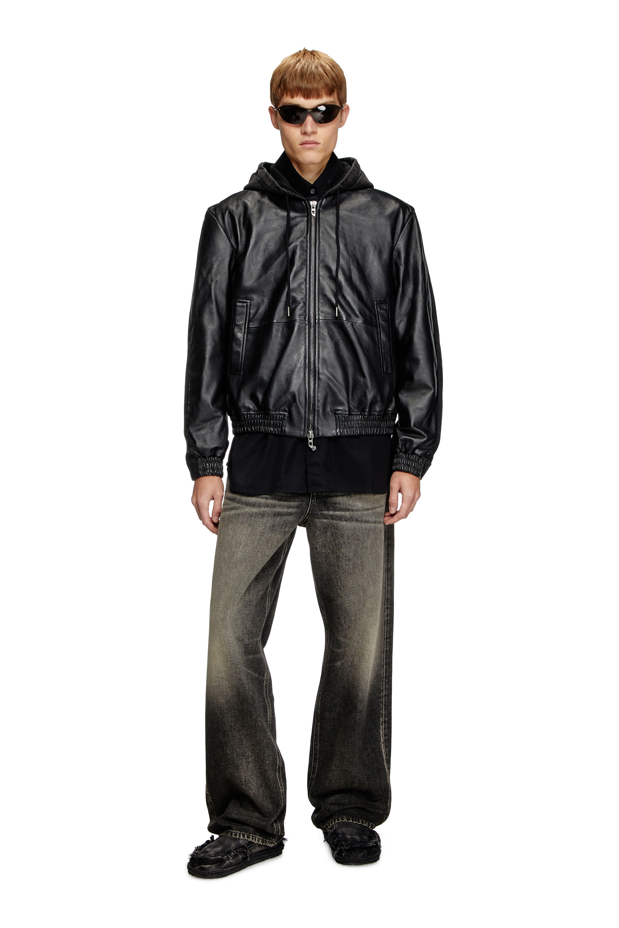 Diesel - L-OCHS, Man's Hooded jacket in leather, cotton and denim in Black - 1