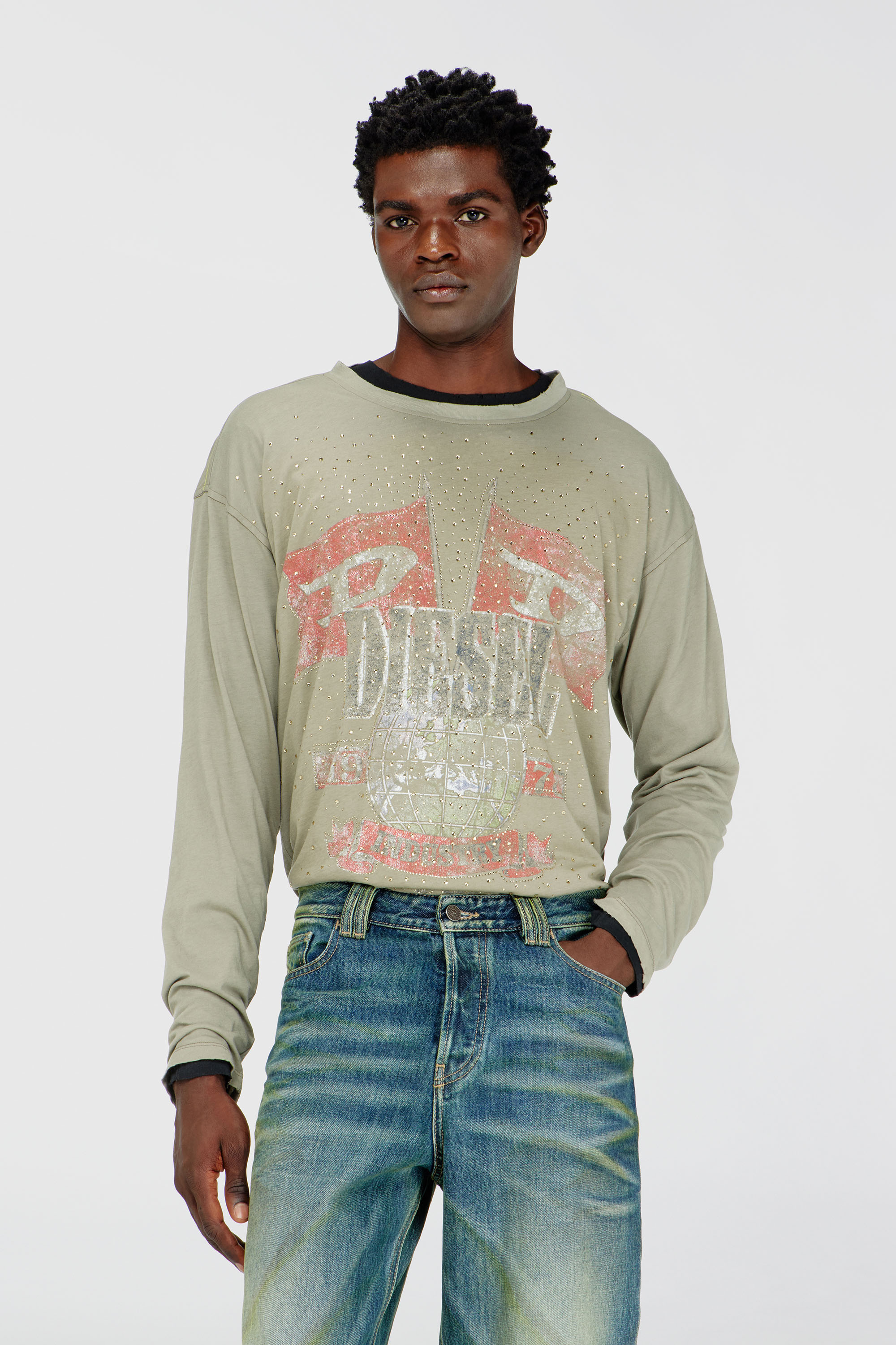Diesel - T-GERI-LS-A, Man's Long-sleeve T-shirt with concert graphics and crystals in Olive Green - 3