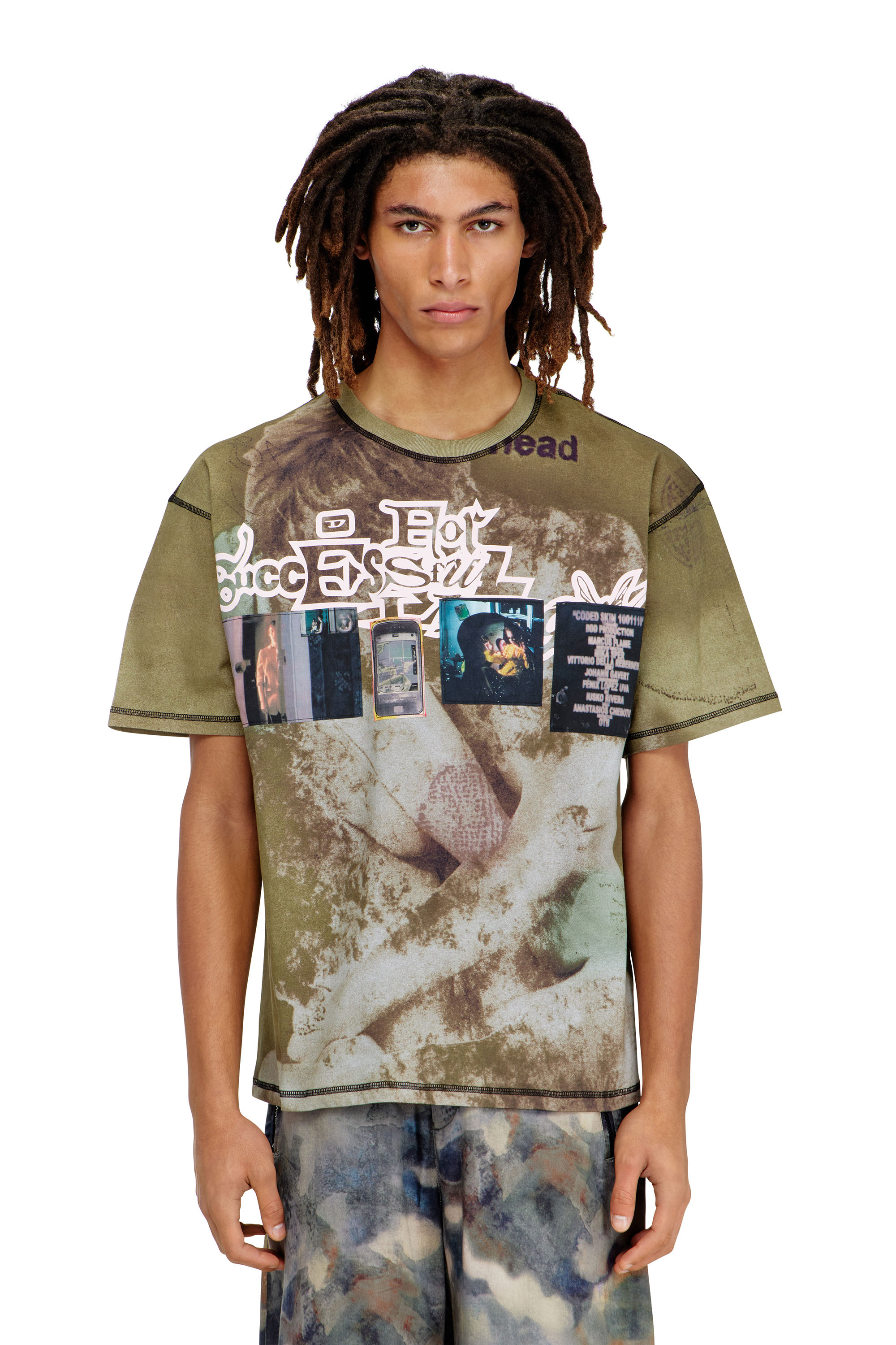 Diesel - T-BOXT-V5, Man's Relaxed T-shirt with all-over prints and patches in Green - 1