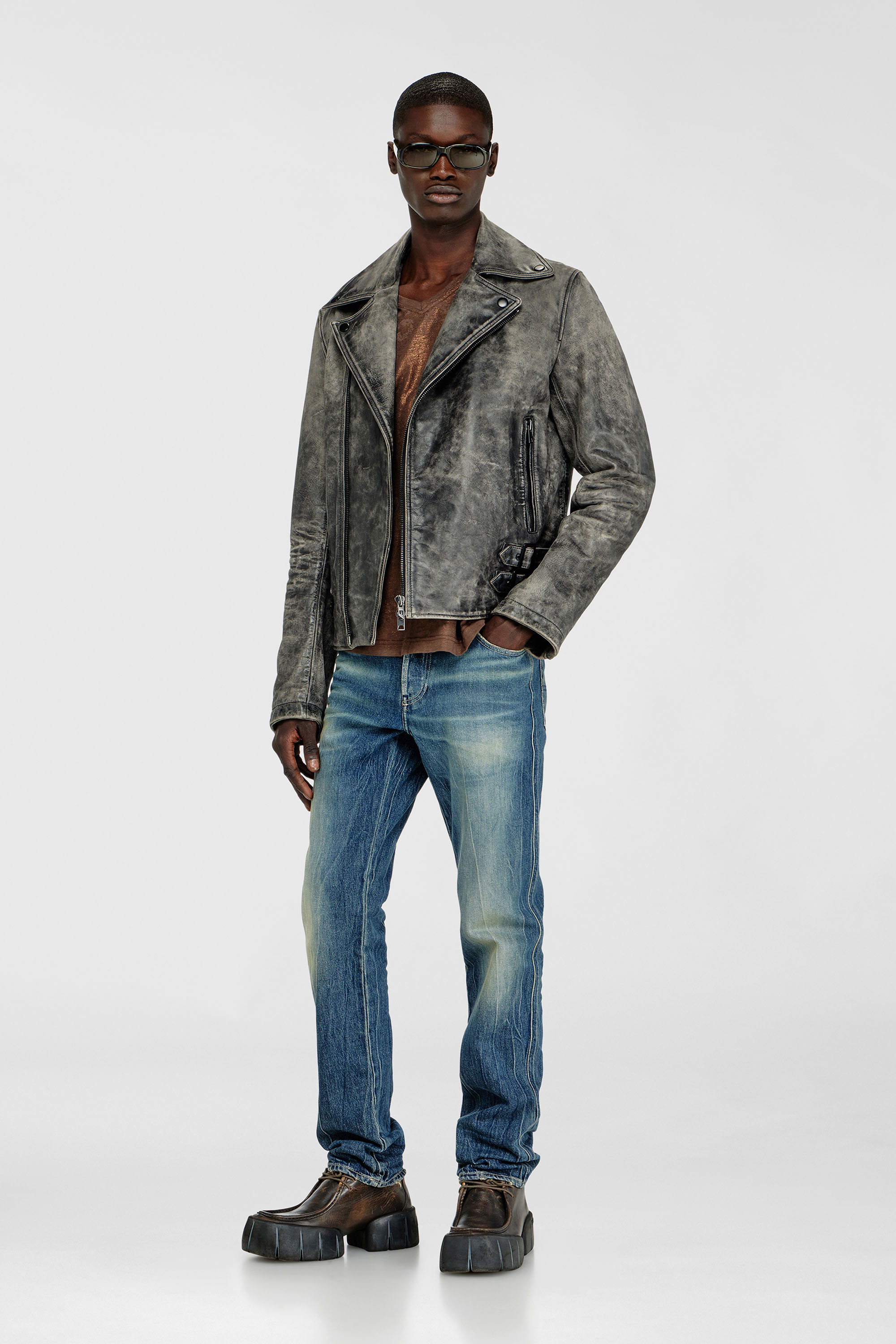 Diesel - L-EON-CJCM, Man's Biker jacket in treated leather in Dark grey - 1