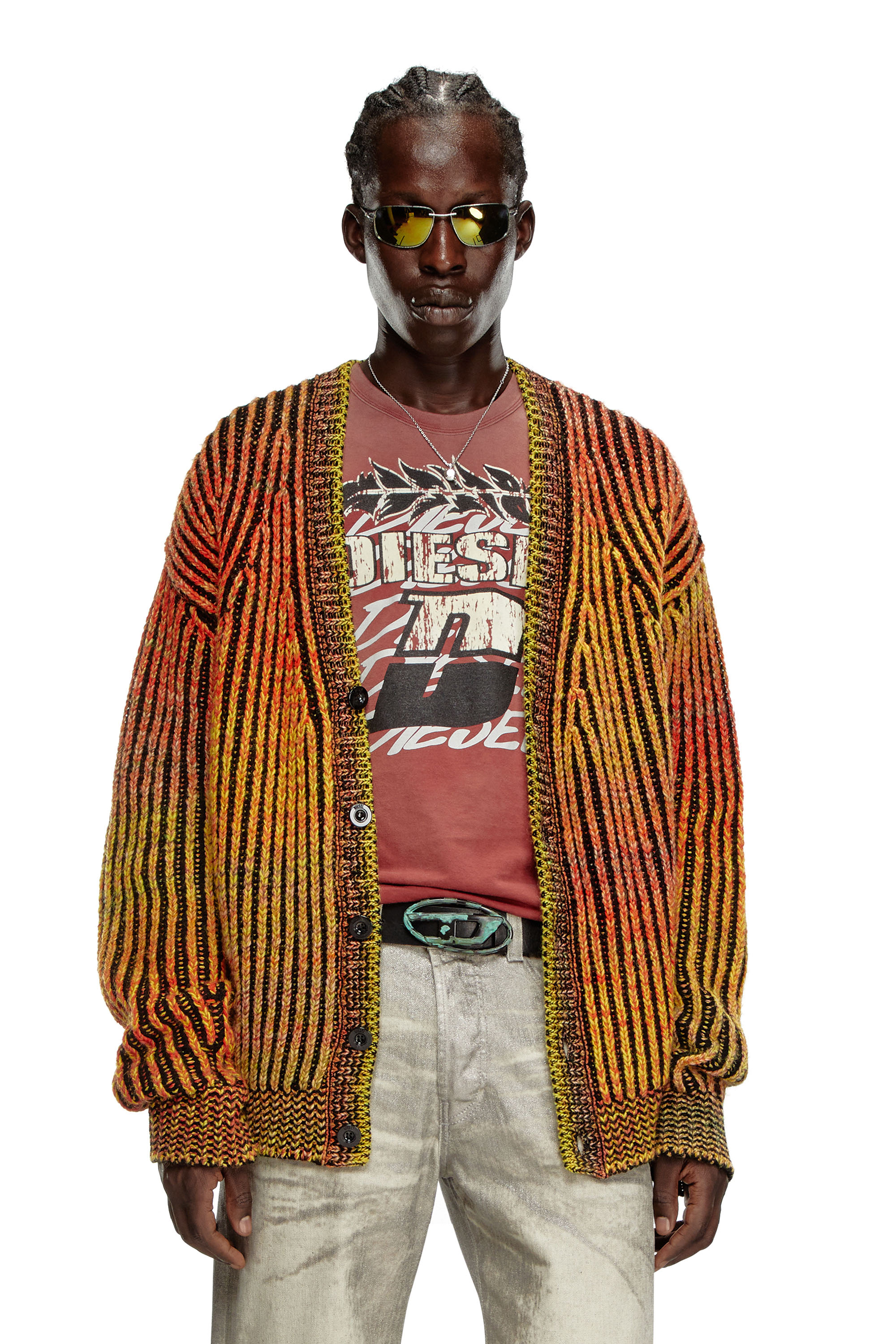Diesel - K-OAKLAND-CR, Man Striped ribbed cardigan in wool blend in Orange - Image 1