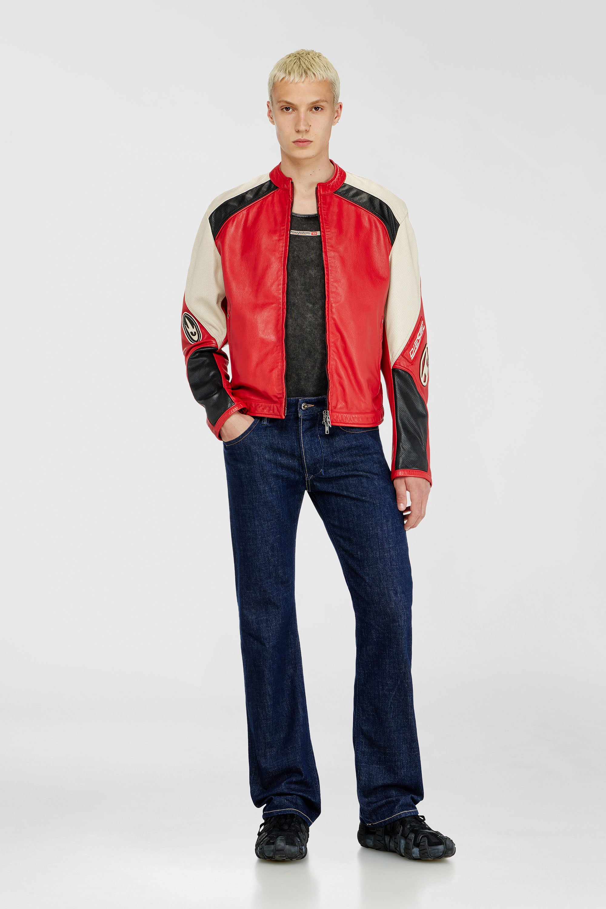 Diesel - L-AHTI, Man's Biker jacket in colour-block perforated leather in Beige/Red - 2