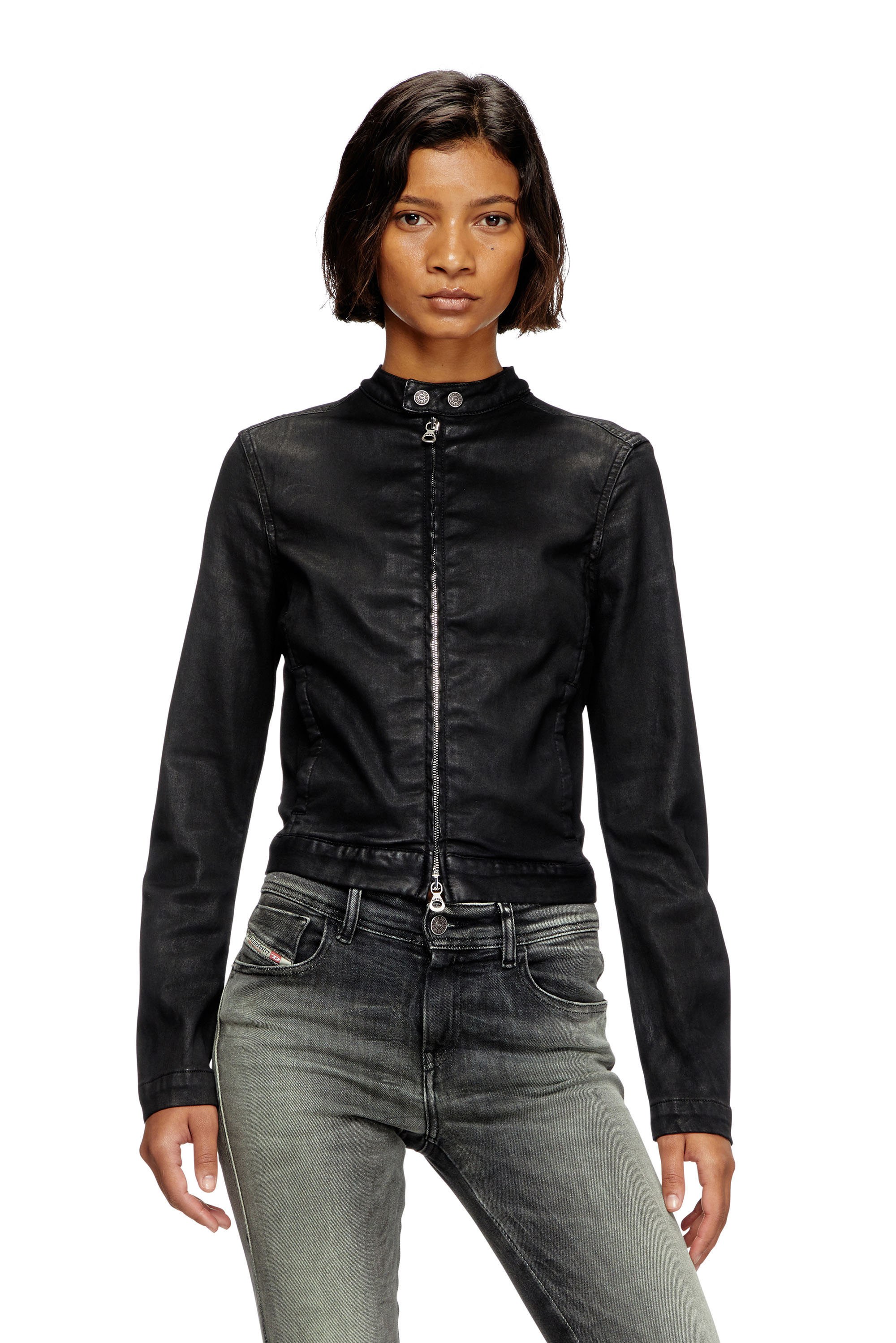 Diesel - DE-MORNIN JOGG, Woman's Moto jacket in coated denim in Black - 1