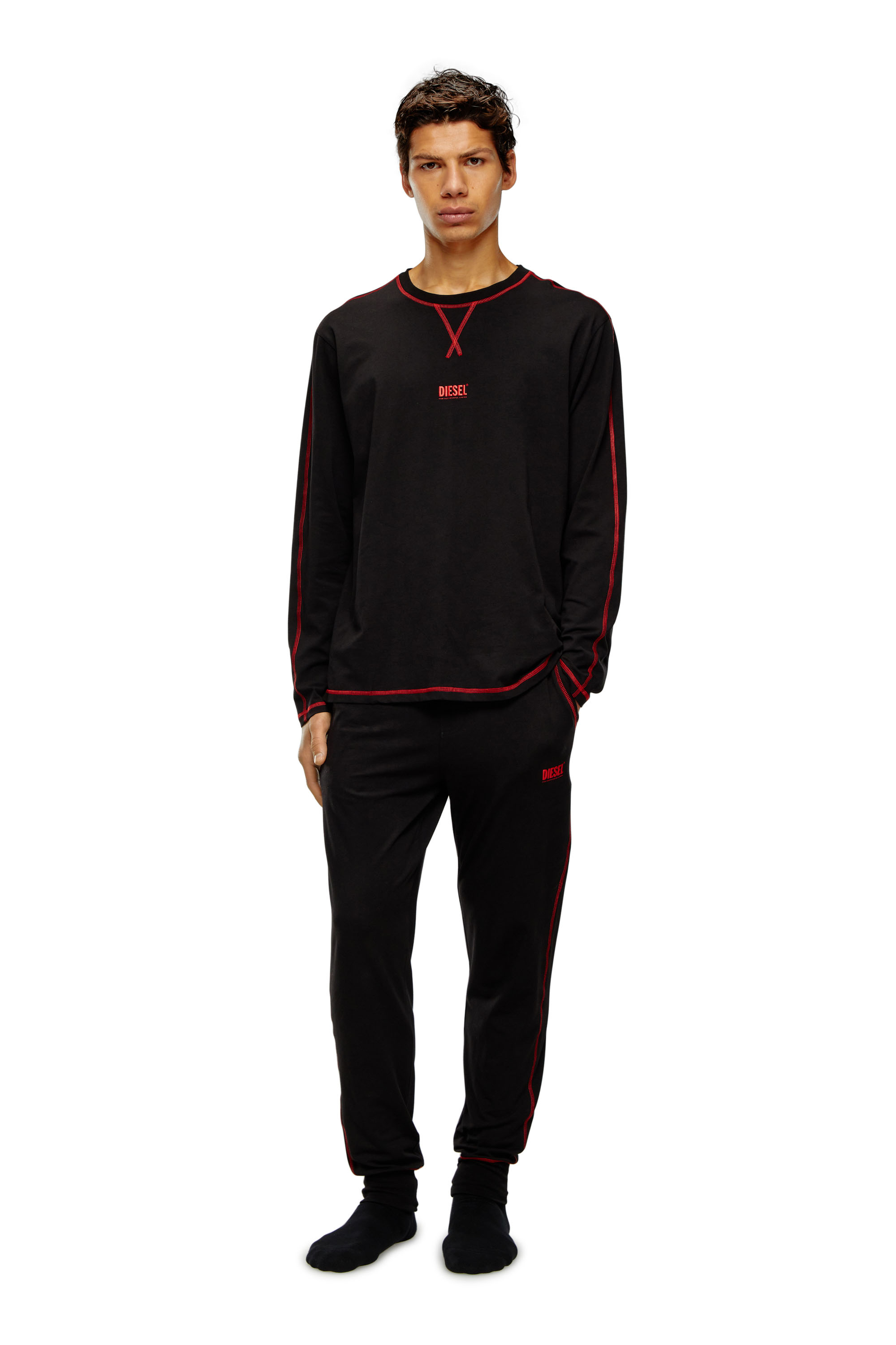 Diesel - UMSET-WILLONG, Man Long pyjamas with contrast stitching in Black - Image 1