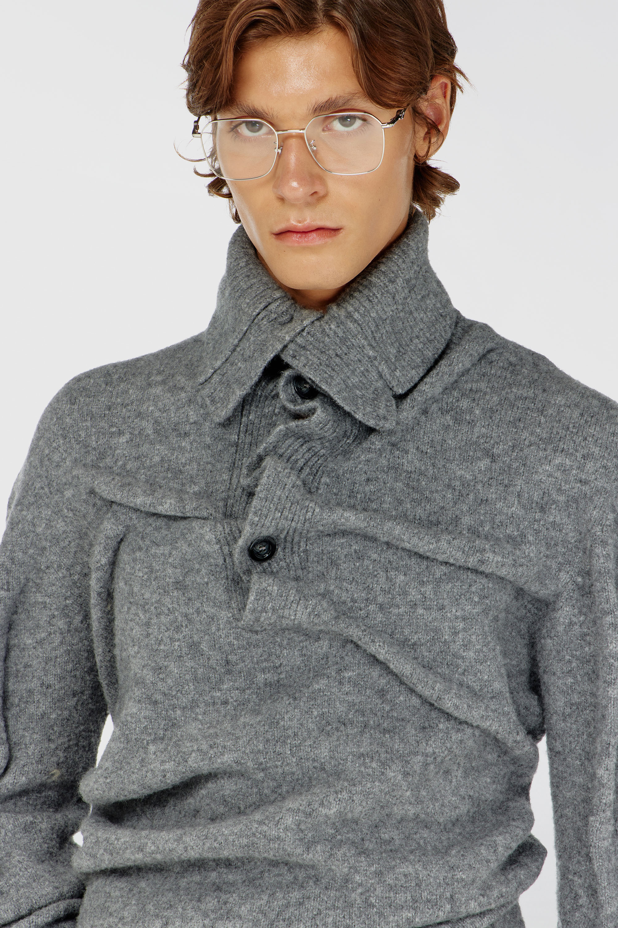 Diesel - K-ANDREW, Man's Button-neck jumper in wrinkled boiled knit in Grey - 5