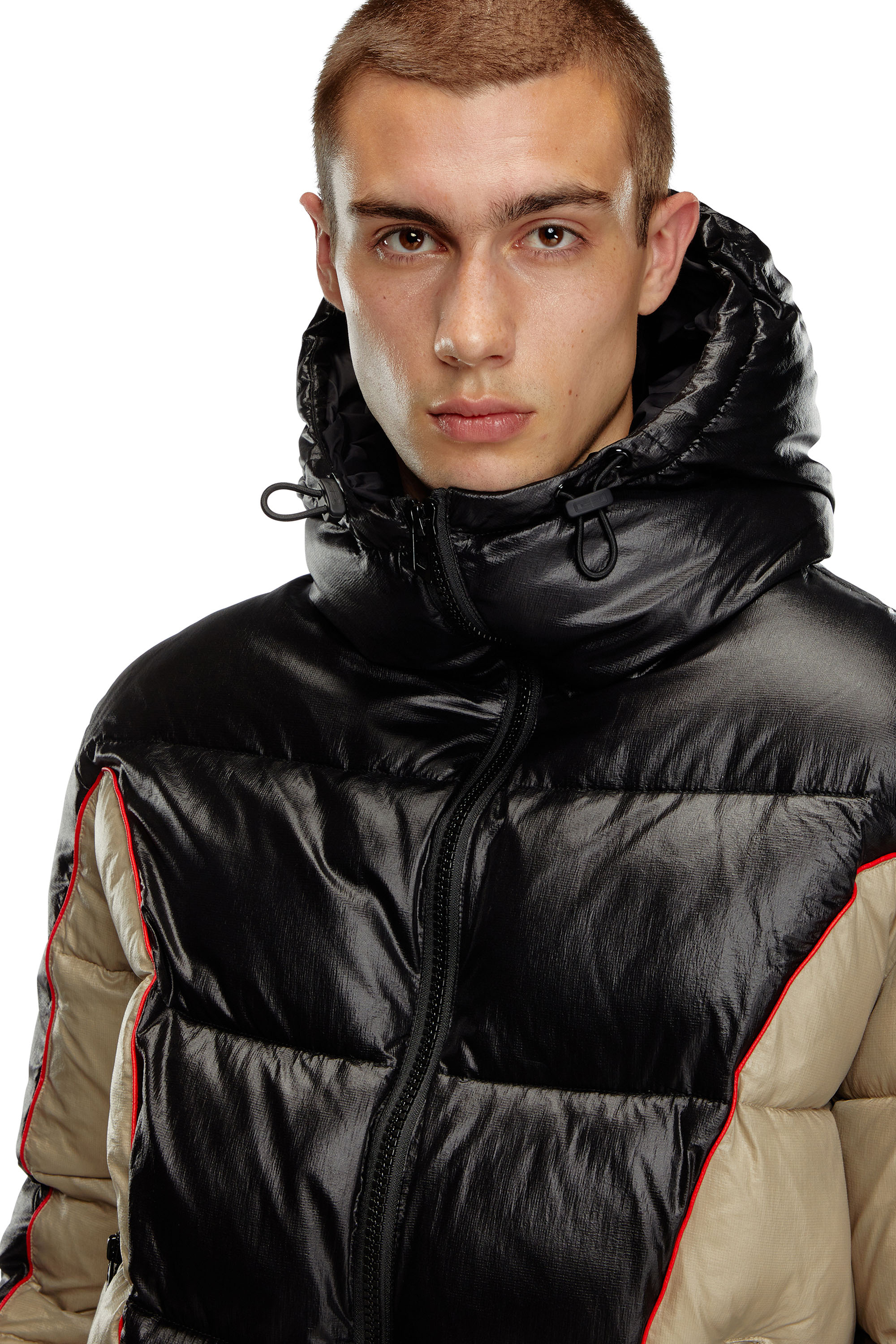 Diesel - W-OSTEND, Man's Hooded puffer jacket in shiny ripstop in Black/Beige - 5