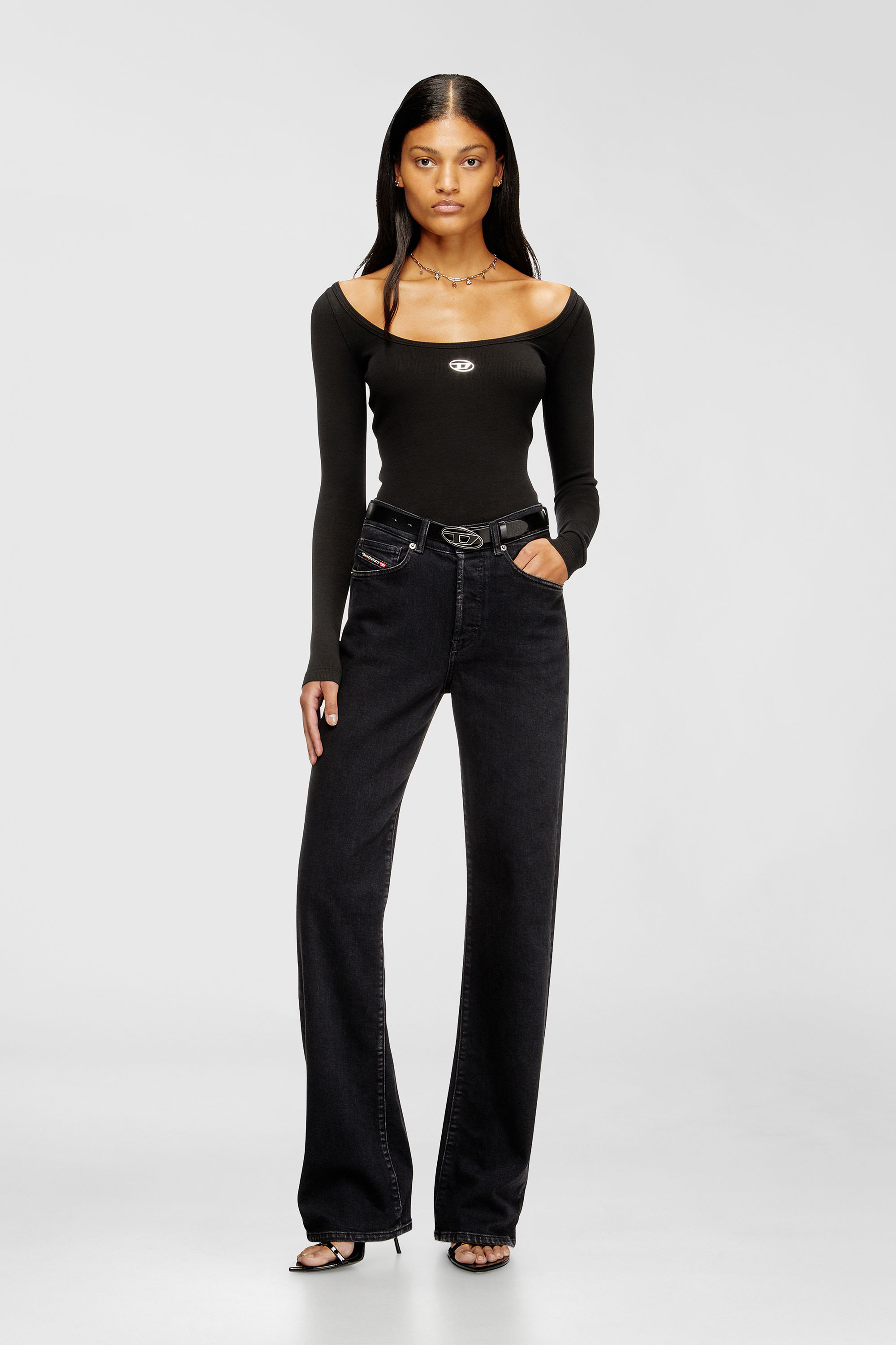 Diesel - T-BAL-OD, Woman's Long sleeve ribbed top with metallic Oval D in Black - 2