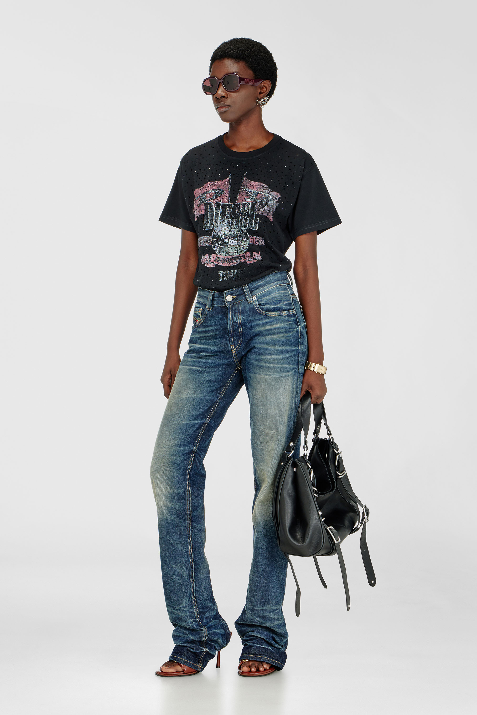 Diesel - T-MARLY, Woman's T-shirt with concert graphics and crystals in Black - 2