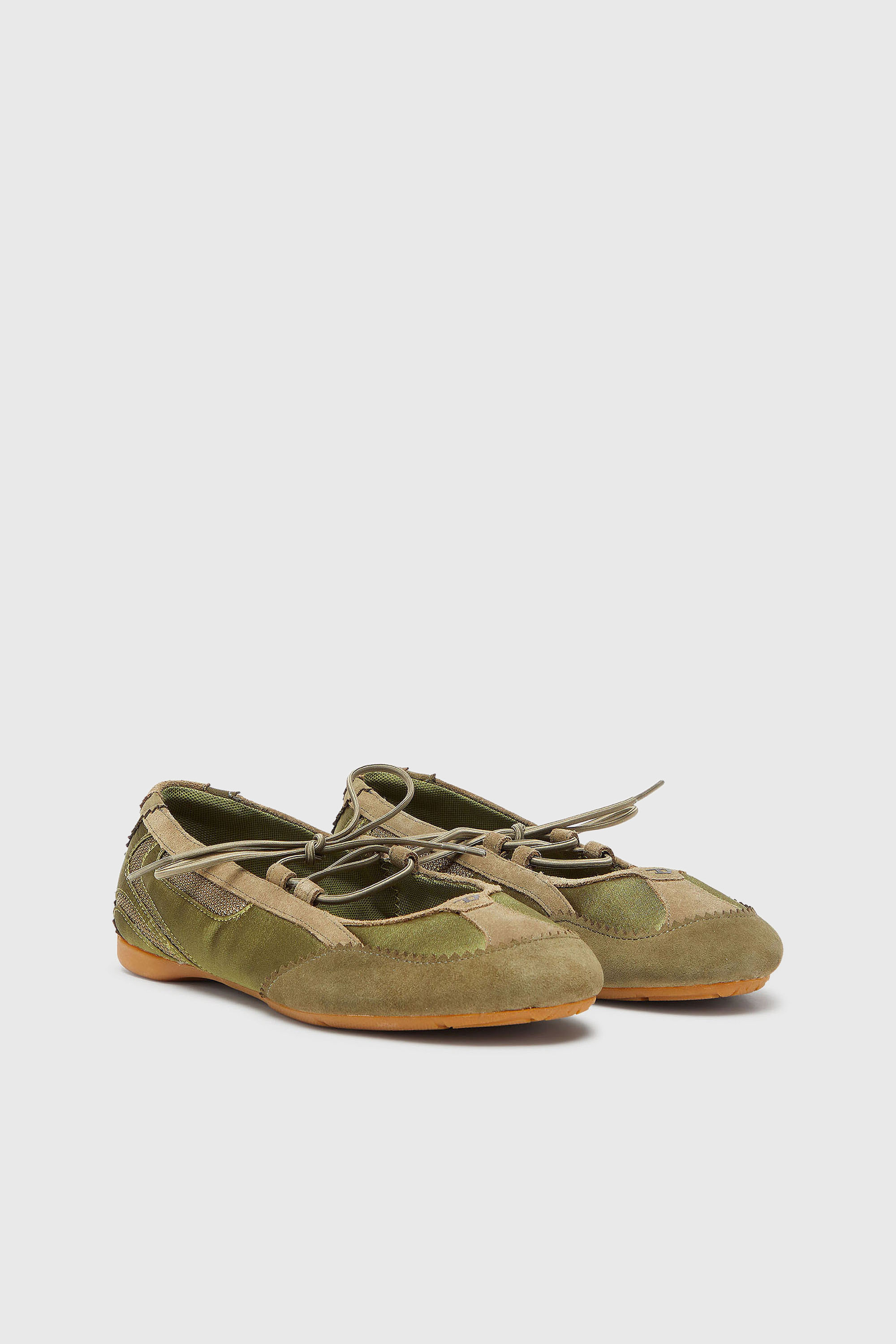 Diesel - D-MILE BALLERINA LACE UP II W, Woman's D-Mile - Lace-up ballerina flats in leather and mesh in Military Green - 2