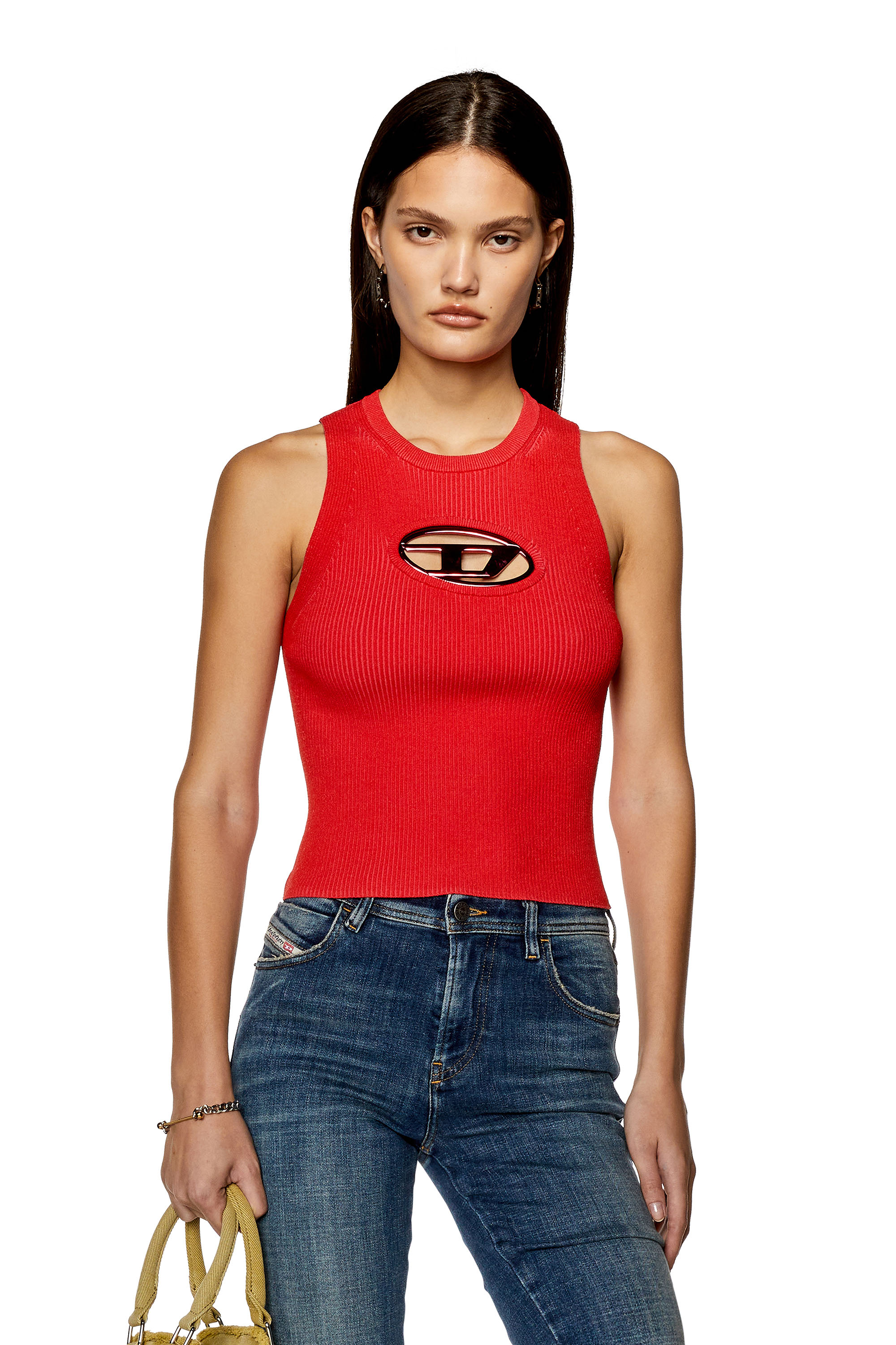 Diesel - M-ONERVA-TOP, Woman Cut-out knit top with logo plaque in Red - Image 1
