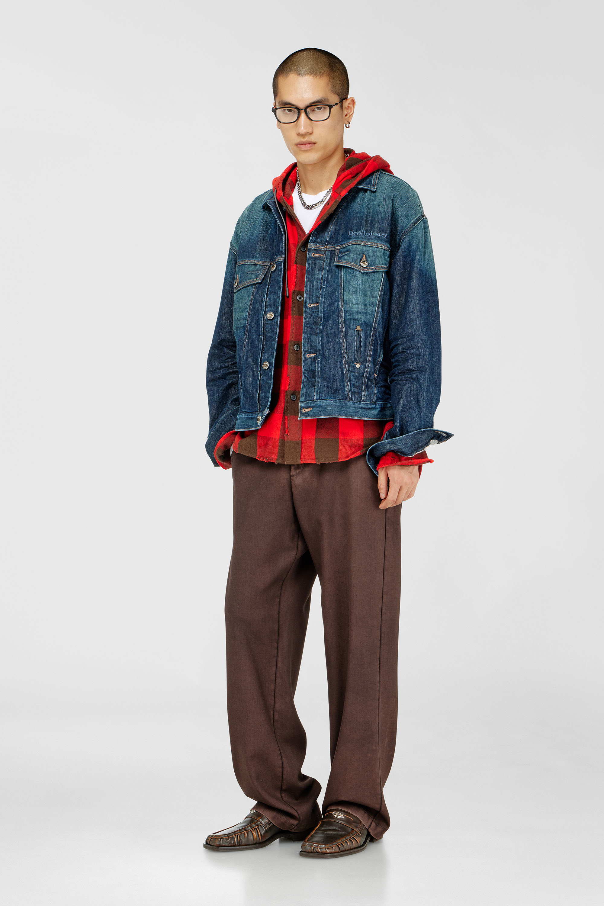 Diesel - S-DRUM-HOODY, Man's Distressed hooded shirt in check flannel in Brown/Red - 2