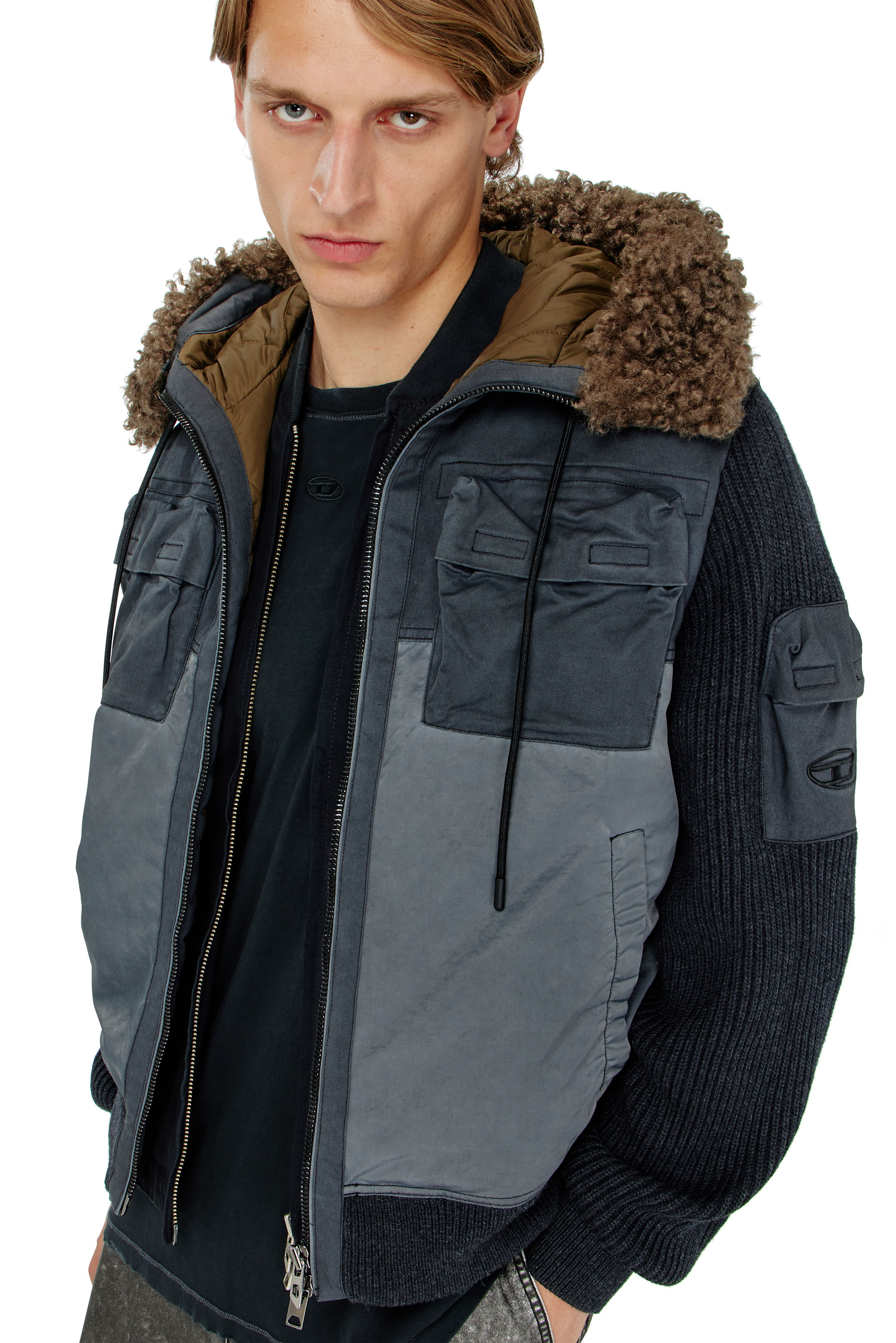 Diesel - W-DELLS, Man's Hooded padded jacket with knitted sleeves in Dark Blue - 5