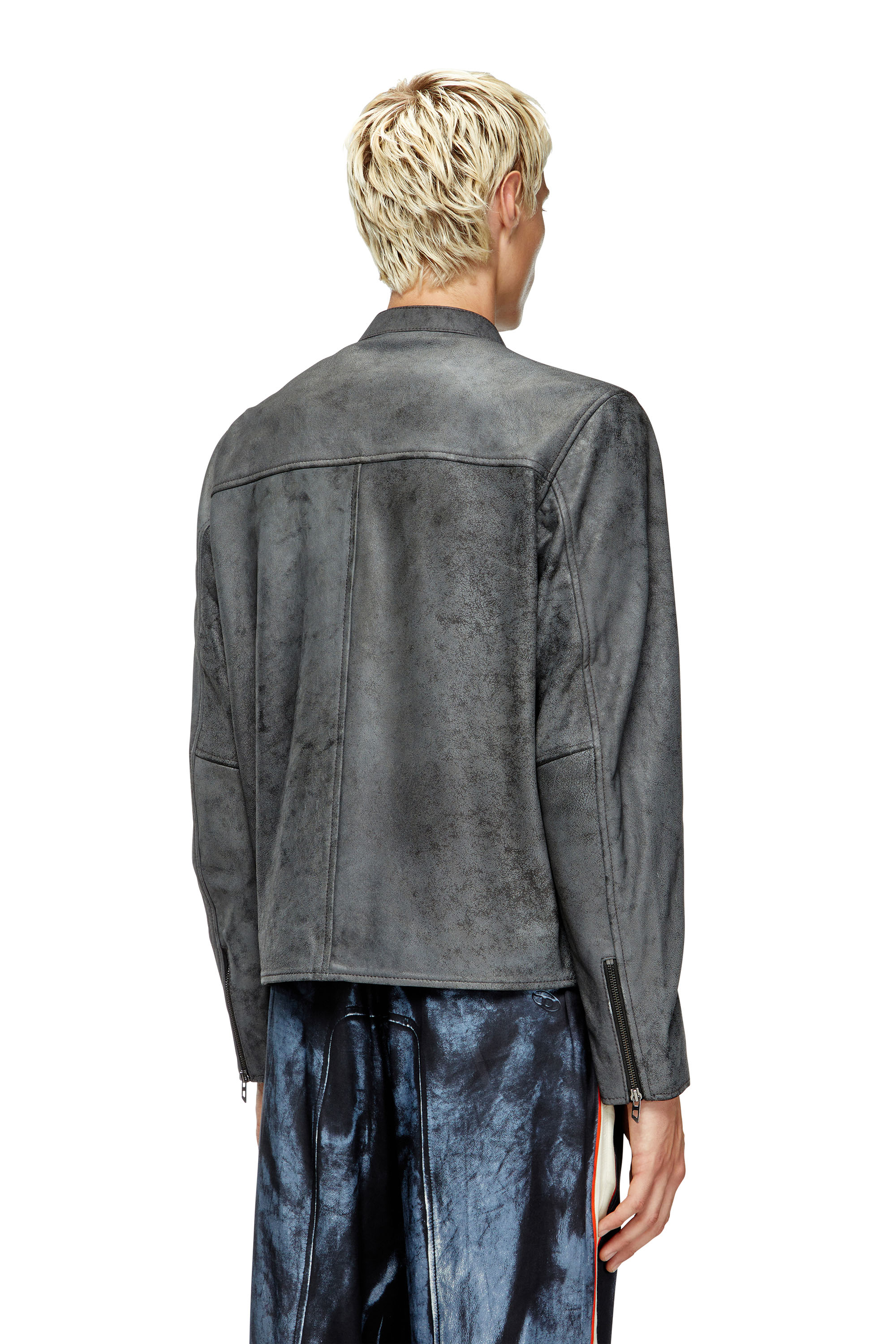 Diesel - L-EVERT-A, Man's Treated leather biker jacket with faded logo in Grey - 4