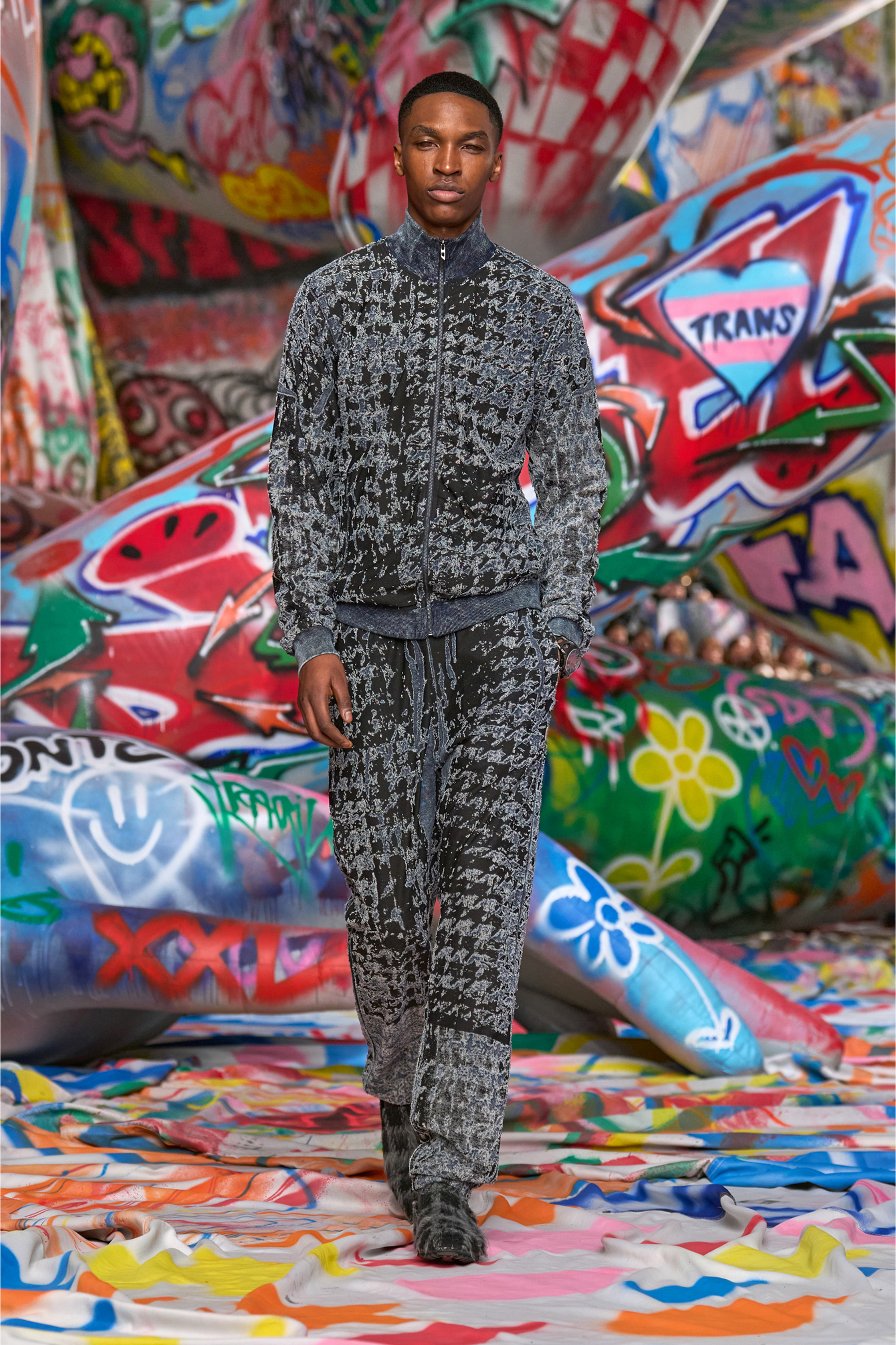 Diesel - S-CORR, Man's Devoré houndstooth zip-up top in Black/Blue - 4